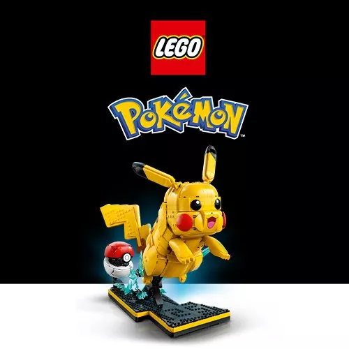 LEGO Pokémon Pikachu brick model on display stand with Poké Ball accessory, set promo image on black background
