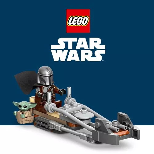 LEGO Star Wars Millennium Falcon model on display stand, product image with LEGO Star Wars logo on blue background