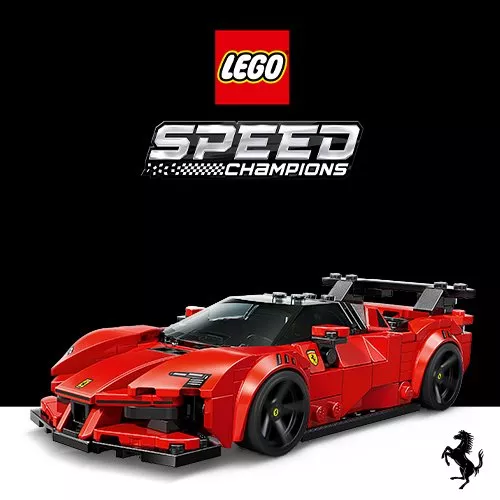 LEGO Speed Champions Ferrari F1 race car set on black background with official LEGO logo above