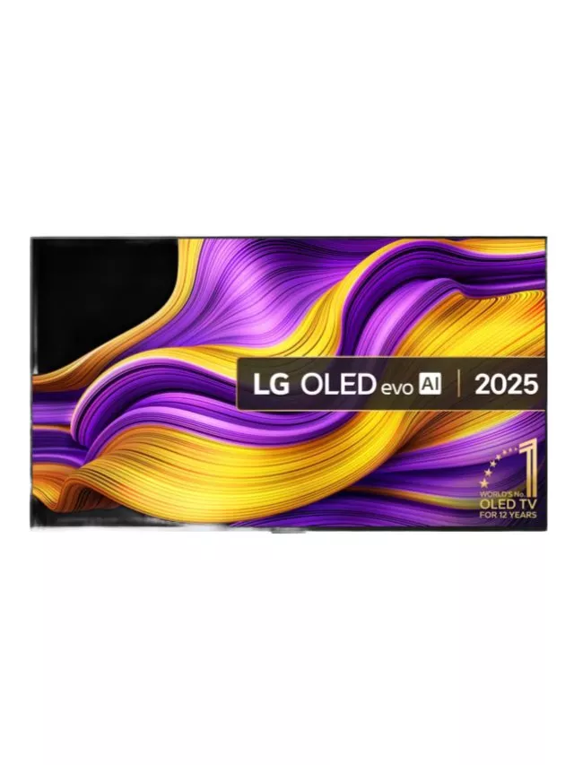 LG OLED evo AI 2025 television with vibrant purple and gold abstract swirl display on slim bezel screen
