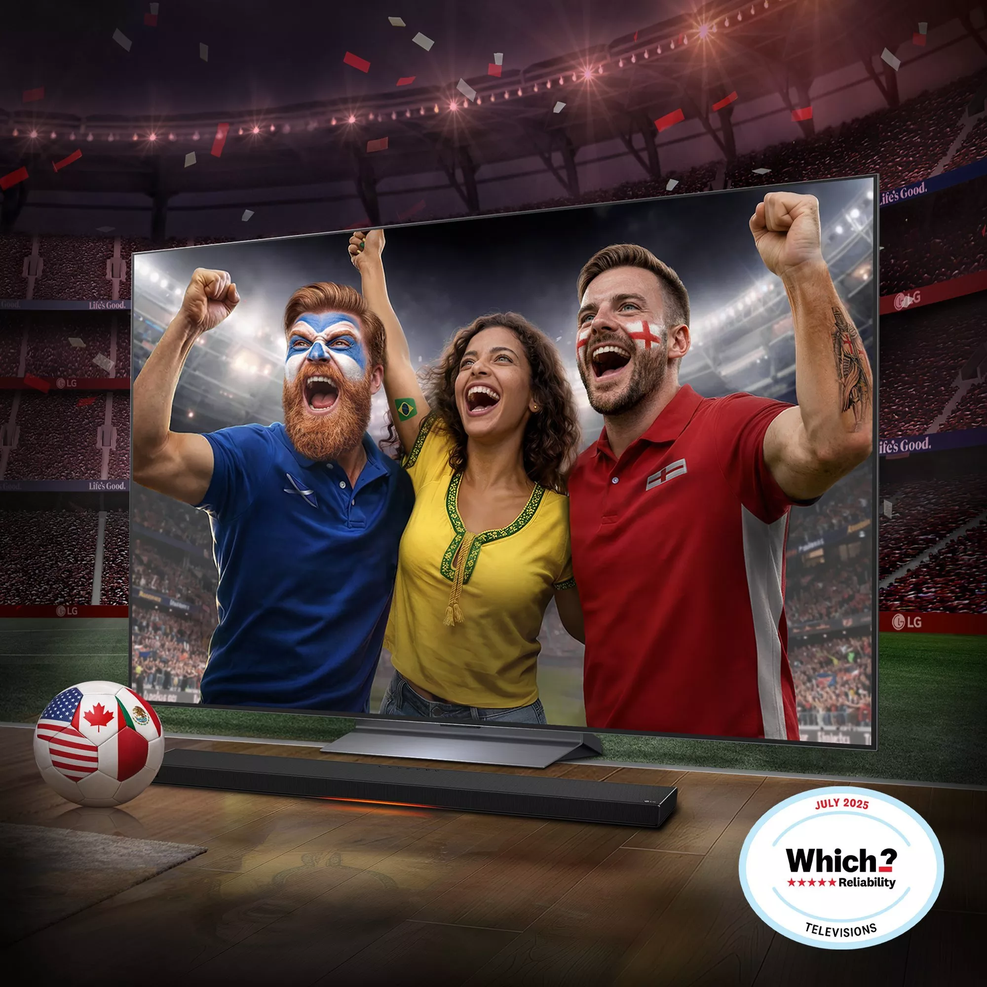 Football fans celebrating on a large 4K TV with soundbar, stadium background and match ball on wooden floor
