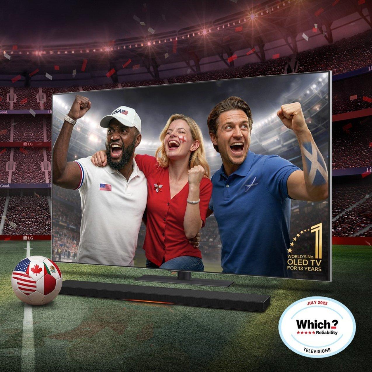 An LG OLED TV and soundbar set up on a stadium field. The screen displays three cheering sports fans. A flag-themed soccer ball rests nearby, with a Which? reliability badge in the corner.