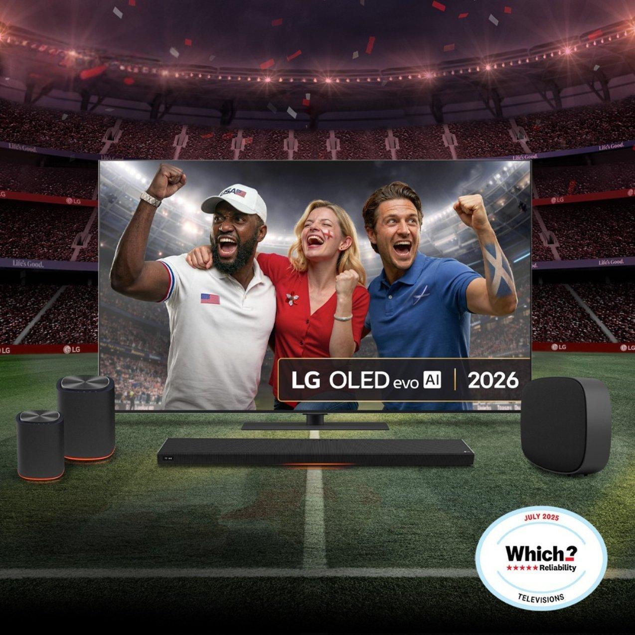 An LG OLED evo AI 2026 TV and soundbar setup on a stadium field. The screen shows three cheering sports fans, overlaid on a larger stadium background with a "Which?" reliability logo.