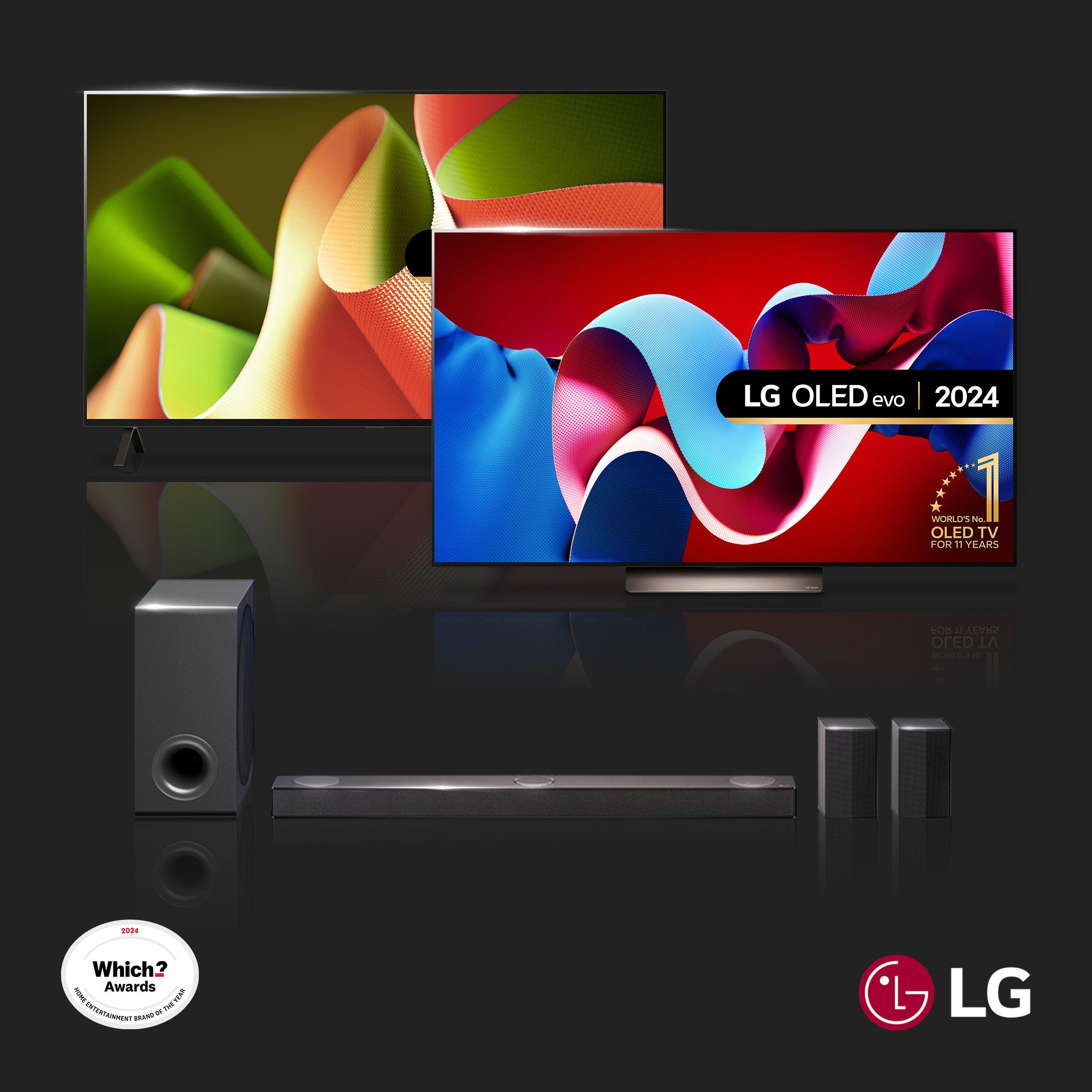 two LG TV's and a soundbar on a dark background