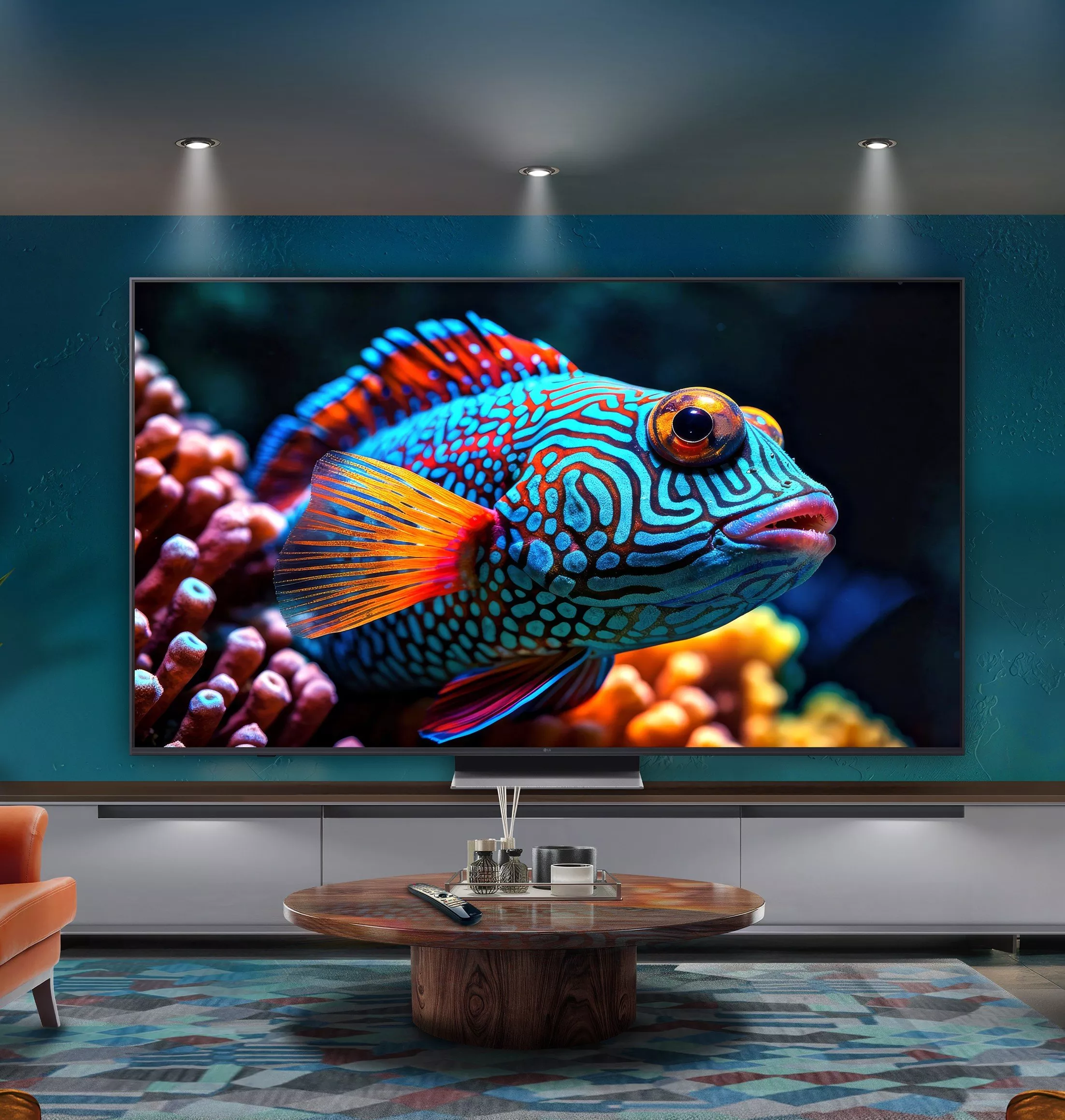 Modern living room with large 4K TV showing colourful tropical fish and coral reef close-up image