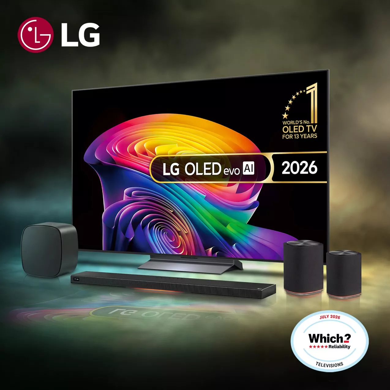 An LG OLED evo AI 2026 TV displaying colorful graphics, shown with a soundbar and speakers, accompanied by "World's No. 1 OLED TV for 13 years" and Which? Reliability endorsement badges.