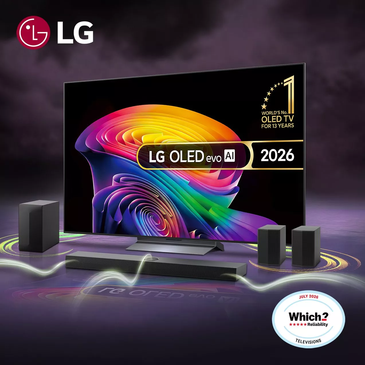 LG OLED evo AI 2026 TV displaying vibrant colorful graphics, paired with a soundbar, subwoofer, and speakers. Features 'World's No. 1 OLED TV' and 'Which? Reliability' badges