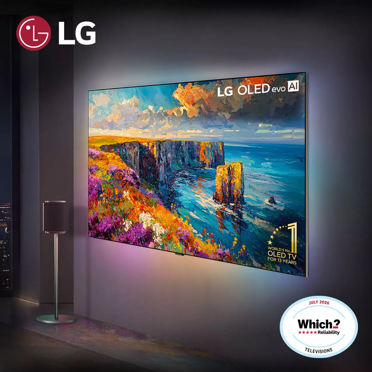 Wall-mounted LG OLED evo AI TV displaying a colorful painting of coastal cliffs and ocean, with soft backlight, an LG logo top left, and a "Which? Reliability" badge bottom right.