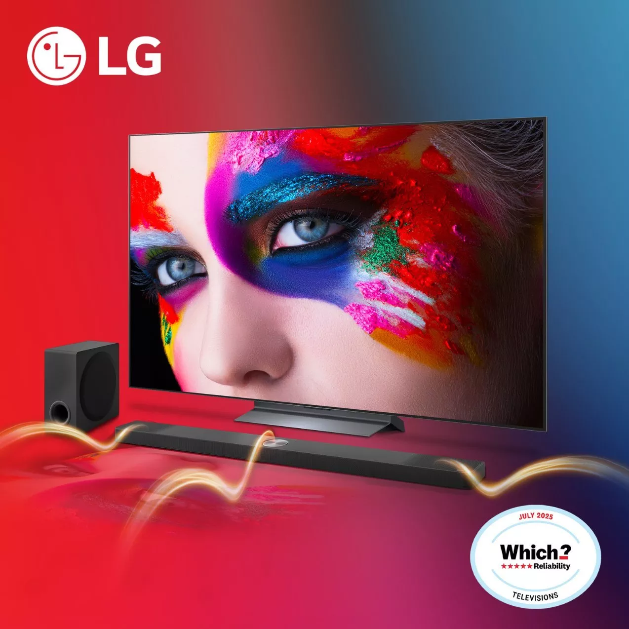 LG TV with colorful face makeup on screen, paired with a soundbar and subwoofer. Features LG logo and "Which? Reliability Televisions" award badge.