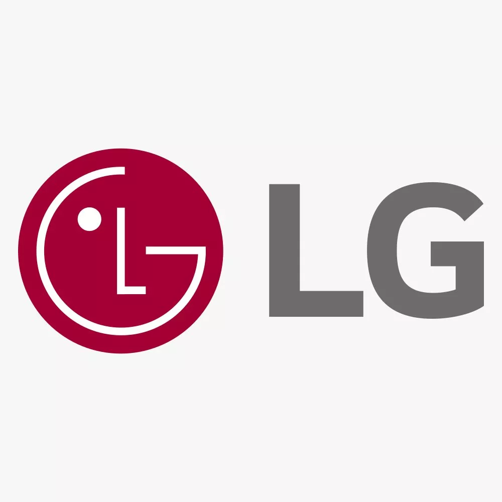 LG logo with red circular emblem and grey LG lettering on black background, brand identity graphic