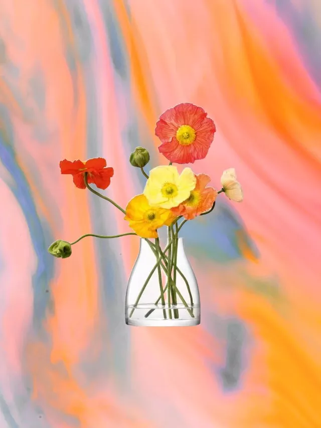 Vibrant flowers in a textured glass vase set against a swirling, colourful abstract background.