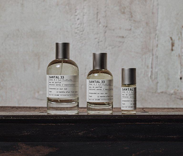 A brand banner for Le Labo showing fragrance bottles