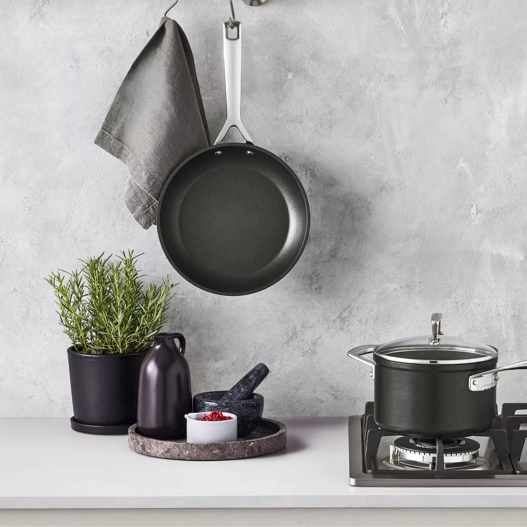 Modern kitchen scene with non-stick frying pan on wall, saucepan on hob, and potted rosemary on counter
