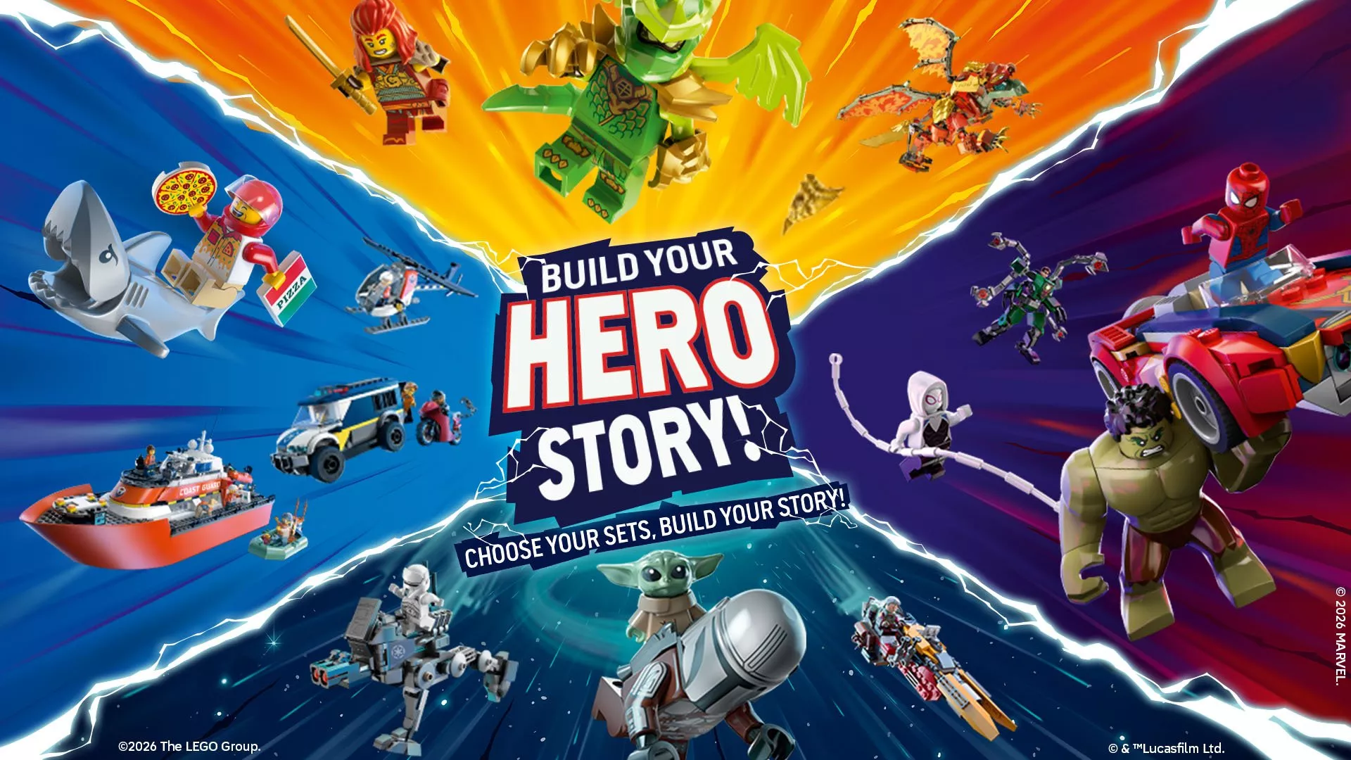A colorful LEGO promo collage reading "BUILD YOUR HERO STORY!" surrounded by LEGO sets including City, Ninjago, Marvel characters like Spider-Man and Hulk, and Star Wars' Grogu.