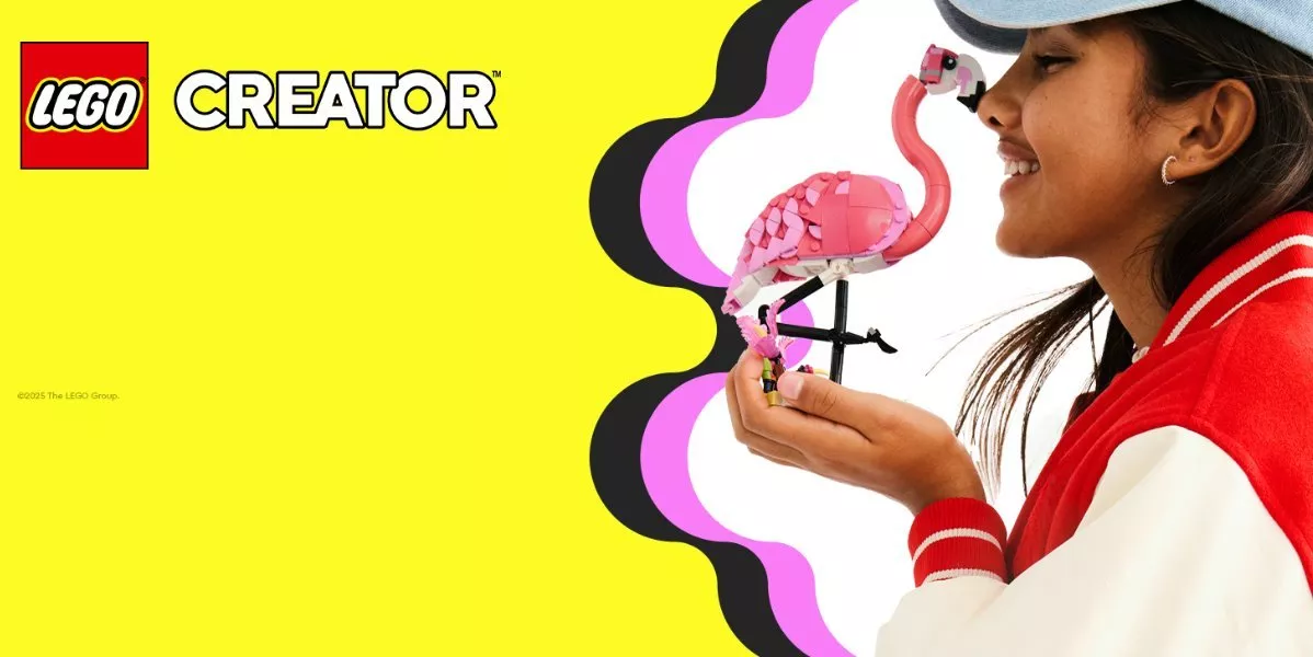 This is a brand banner showing a model holding LEGO product.
