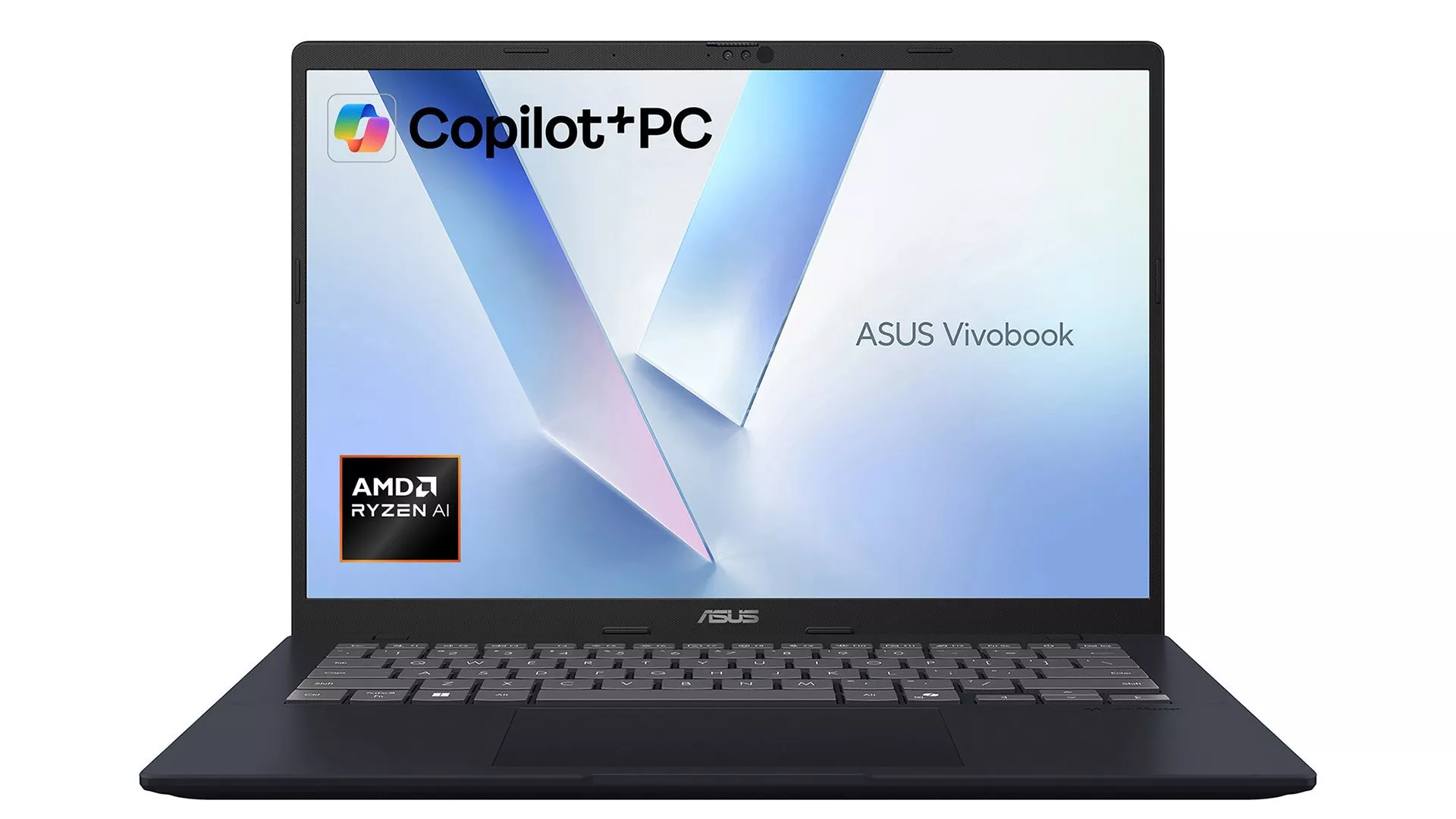 Sleek ASUS Vivobook laptop with a minimalist design, open and displaying a vibrant screen, angled view.