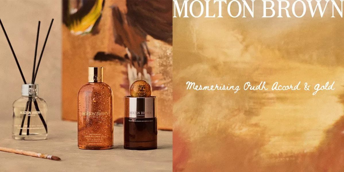 Banner for Molton Brown showing a couple hugging and a Molton Brown gift box.