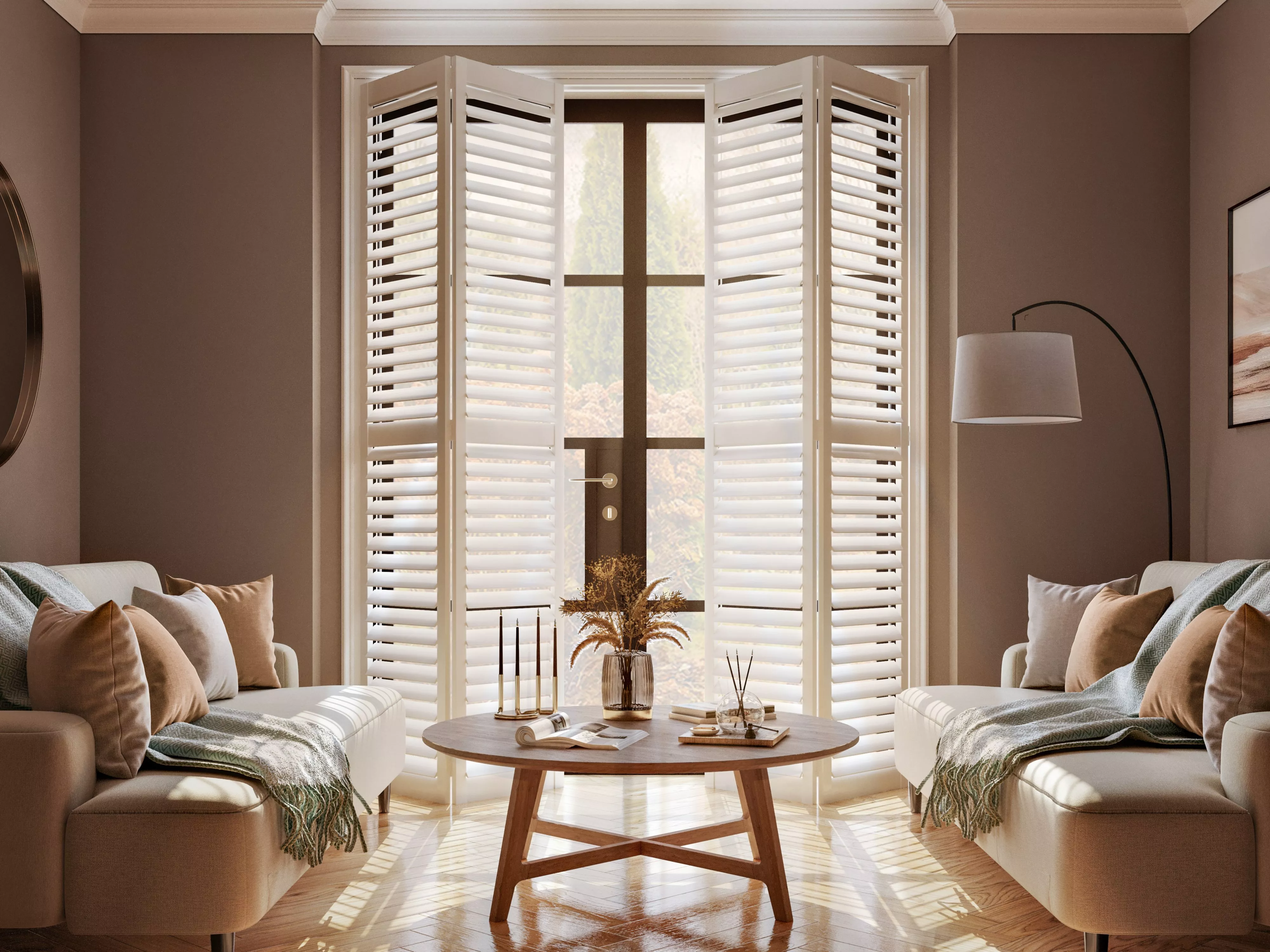 Living room with shutters opening in door style