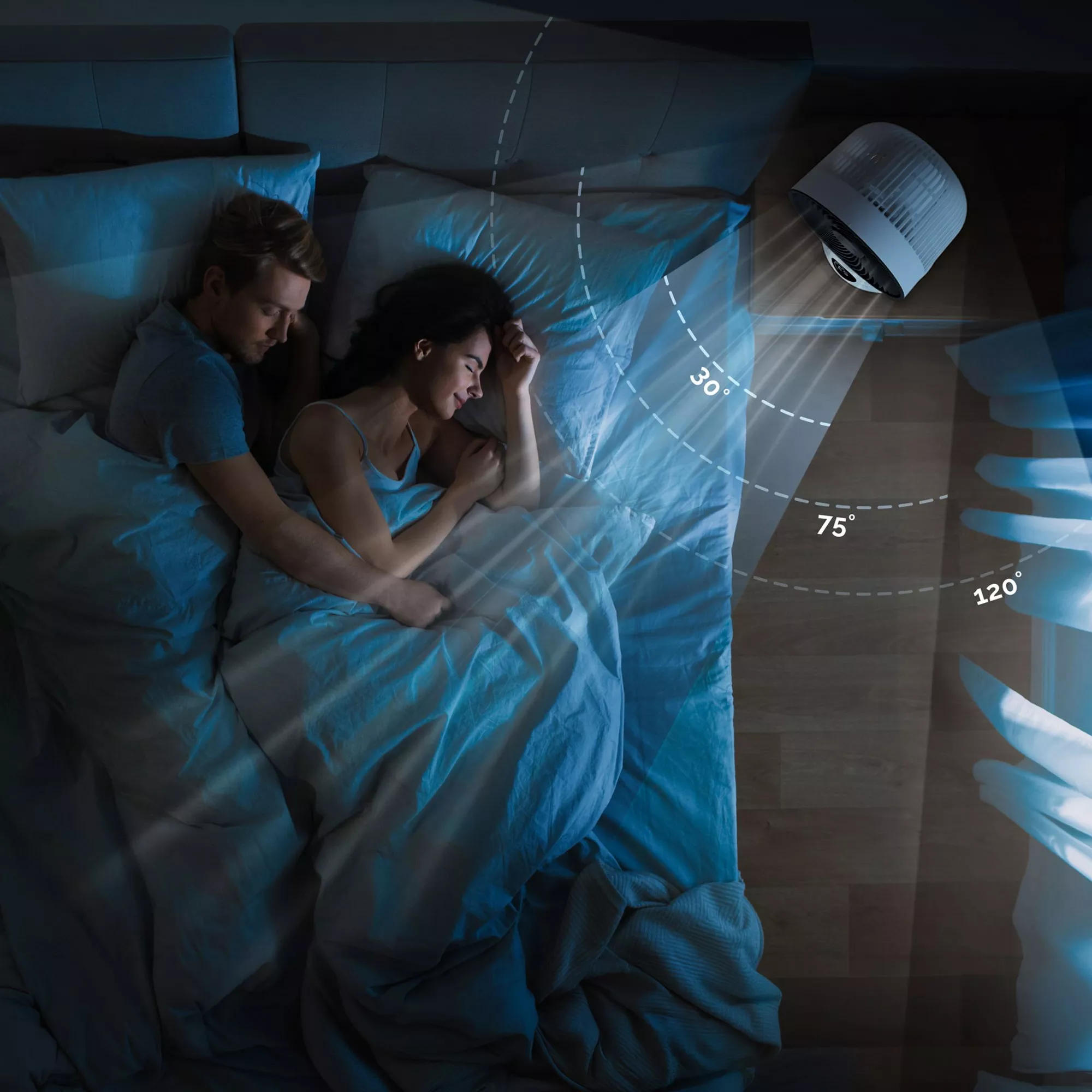 Couple sleeping in bed with an oscillating air circulator fan, showing adjustable airflow angles for cooling comfort