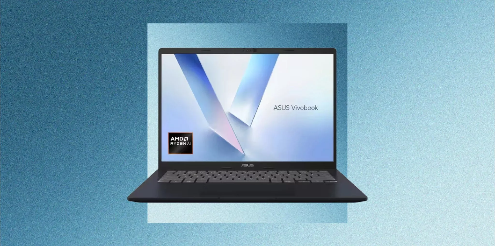 ASUS Vivobook laptop with AMD Ryzen AI badge on screen, front view on blue gradient background studio shot