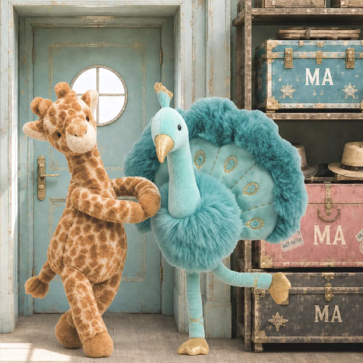 Plush giraffe and teal peacock soft toys posed by vintage door and stacked travel trunks in nursery room