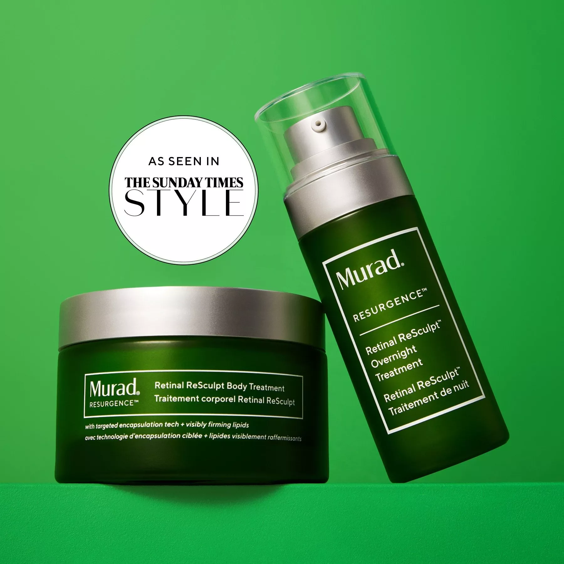 Murad Resurgence skincare products, shown on a vibrant green background.