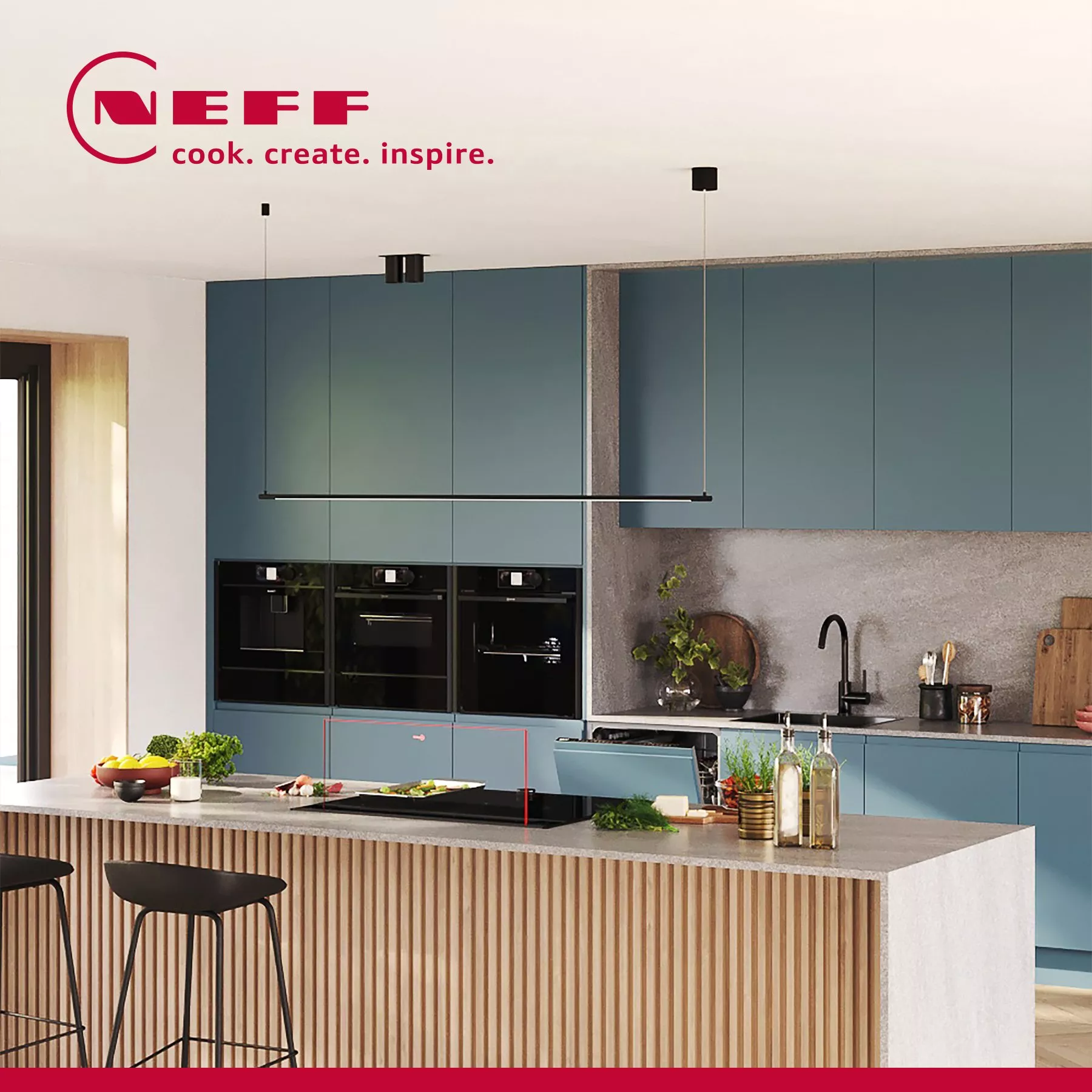 Modern kitchen with teal cabinets, sleek appliances, and a stylish island. Neff logo featured prominently.