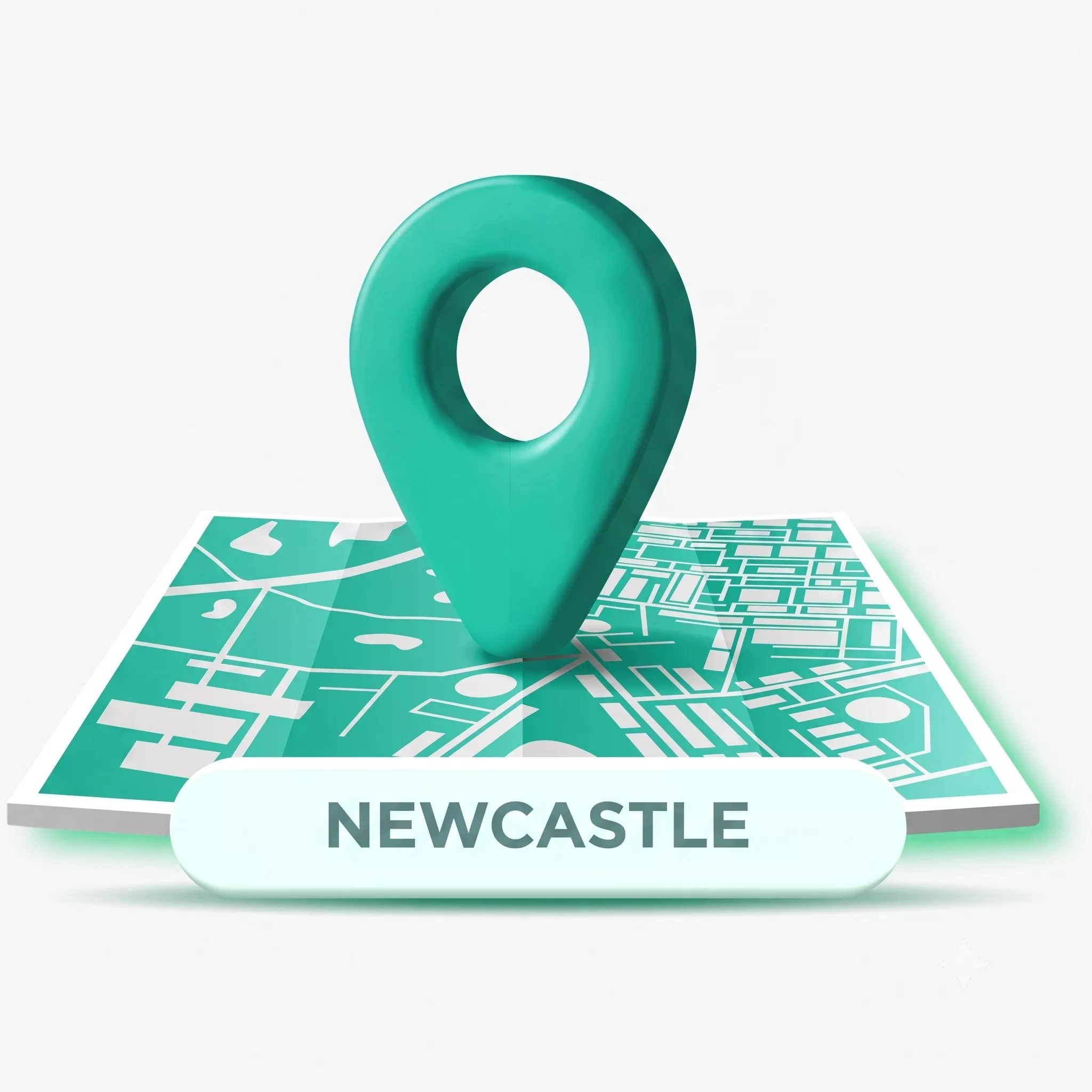 3D location pin on folded map labelled Newcastle, representing navigation and travel directions