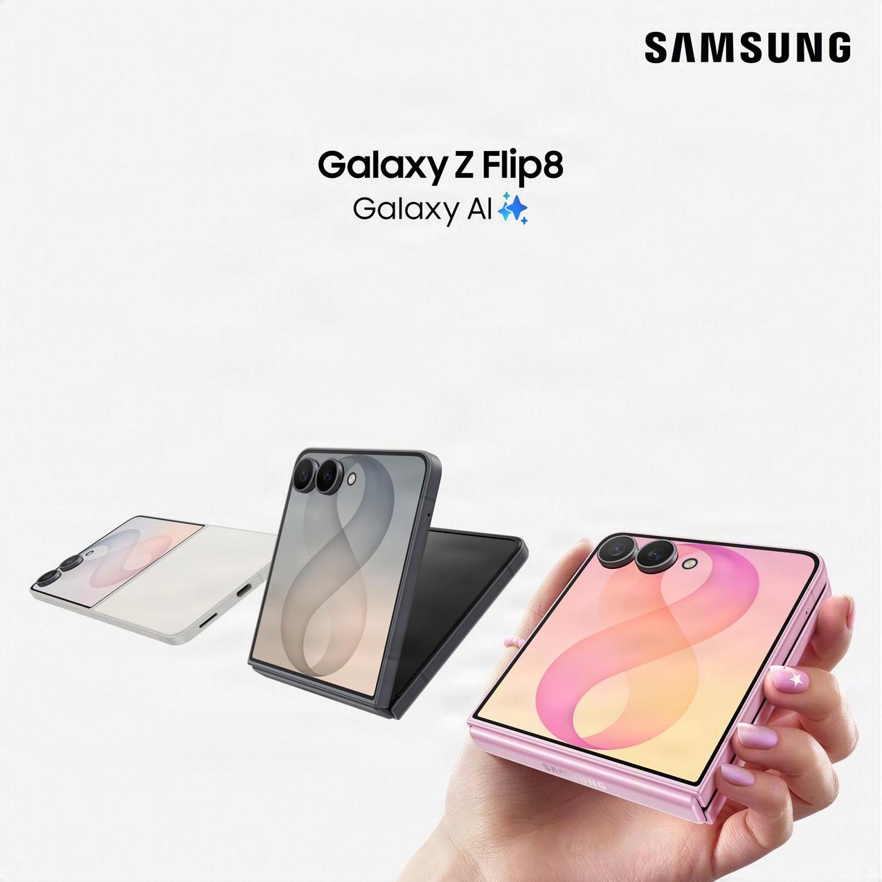 An image showcasing three Galaxy Z Flip8 phones in multiple colours.