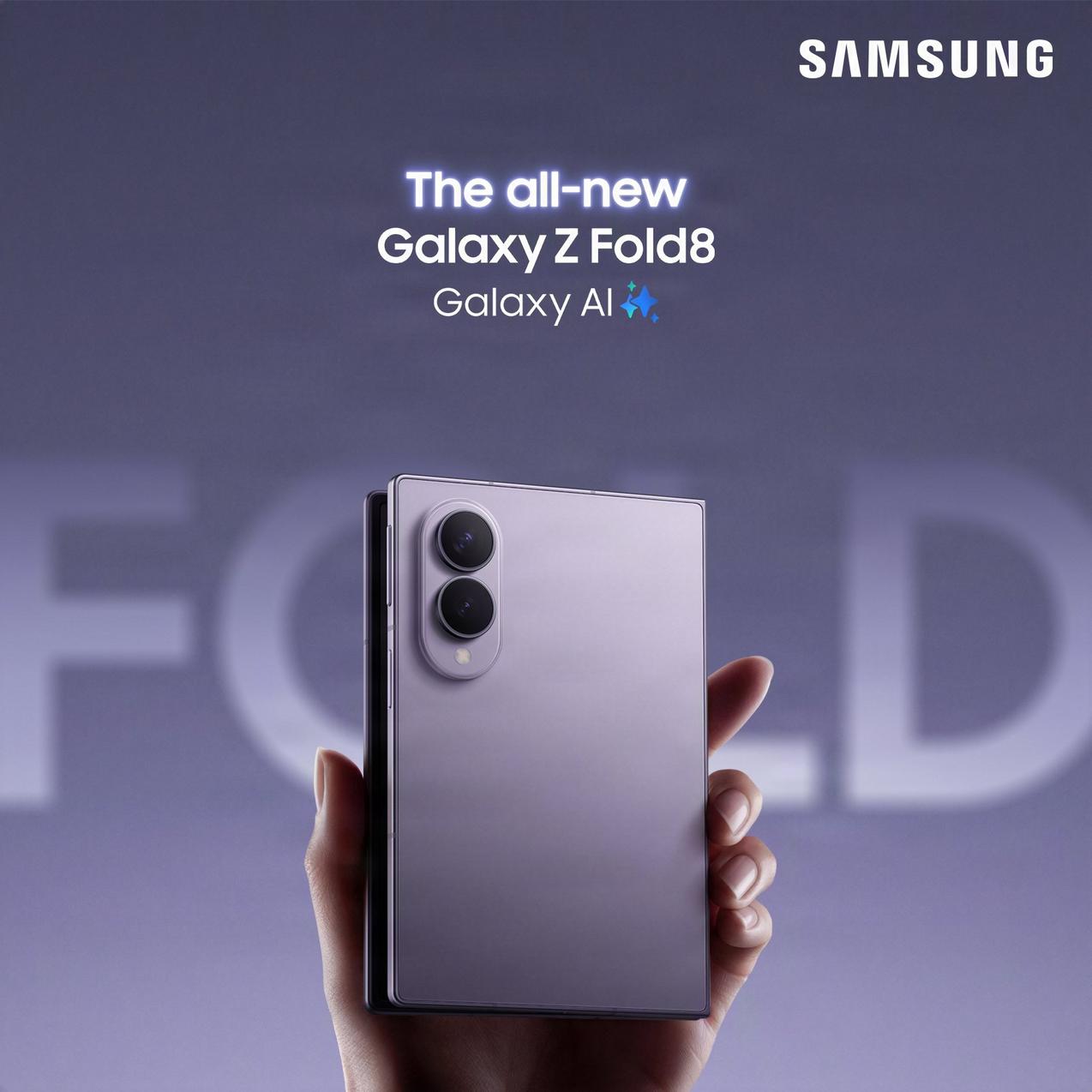 A hand showcasing the all new Galaxy Z Fold8 with a purple gradient background.