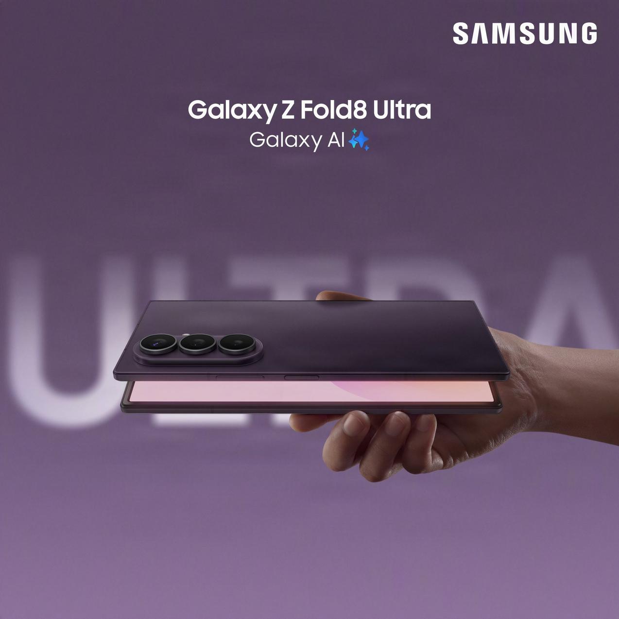 A hand holding the new Galaxy Z Fold8 Ultra with a purple background.