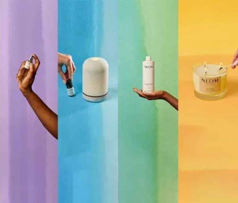 A brand banner showing a range of Neom products.