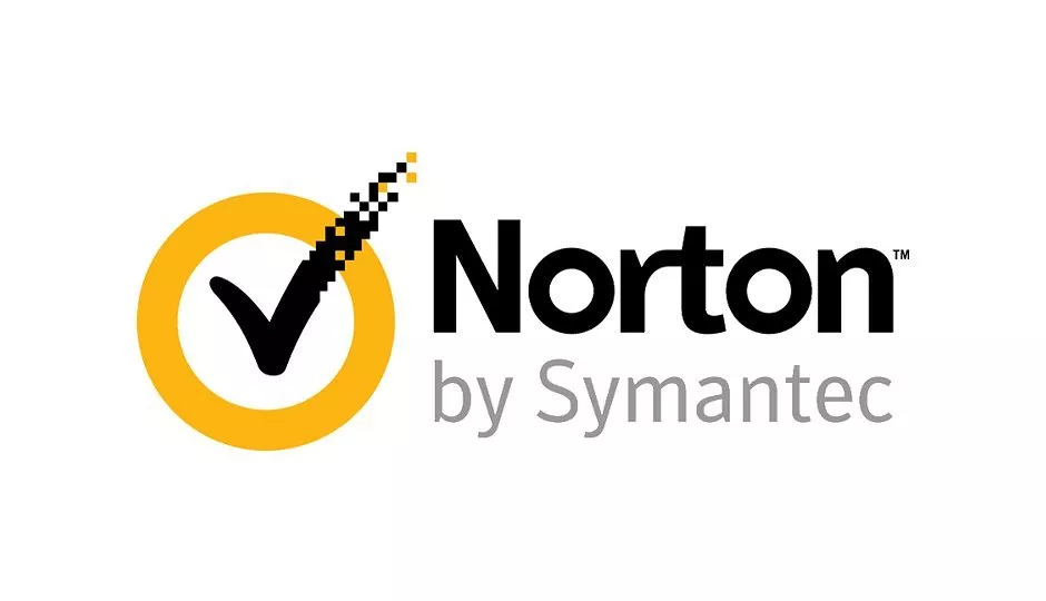 Norton by Symantec logo featuring a bold black checkmark within a yellow circle, symbolising security.