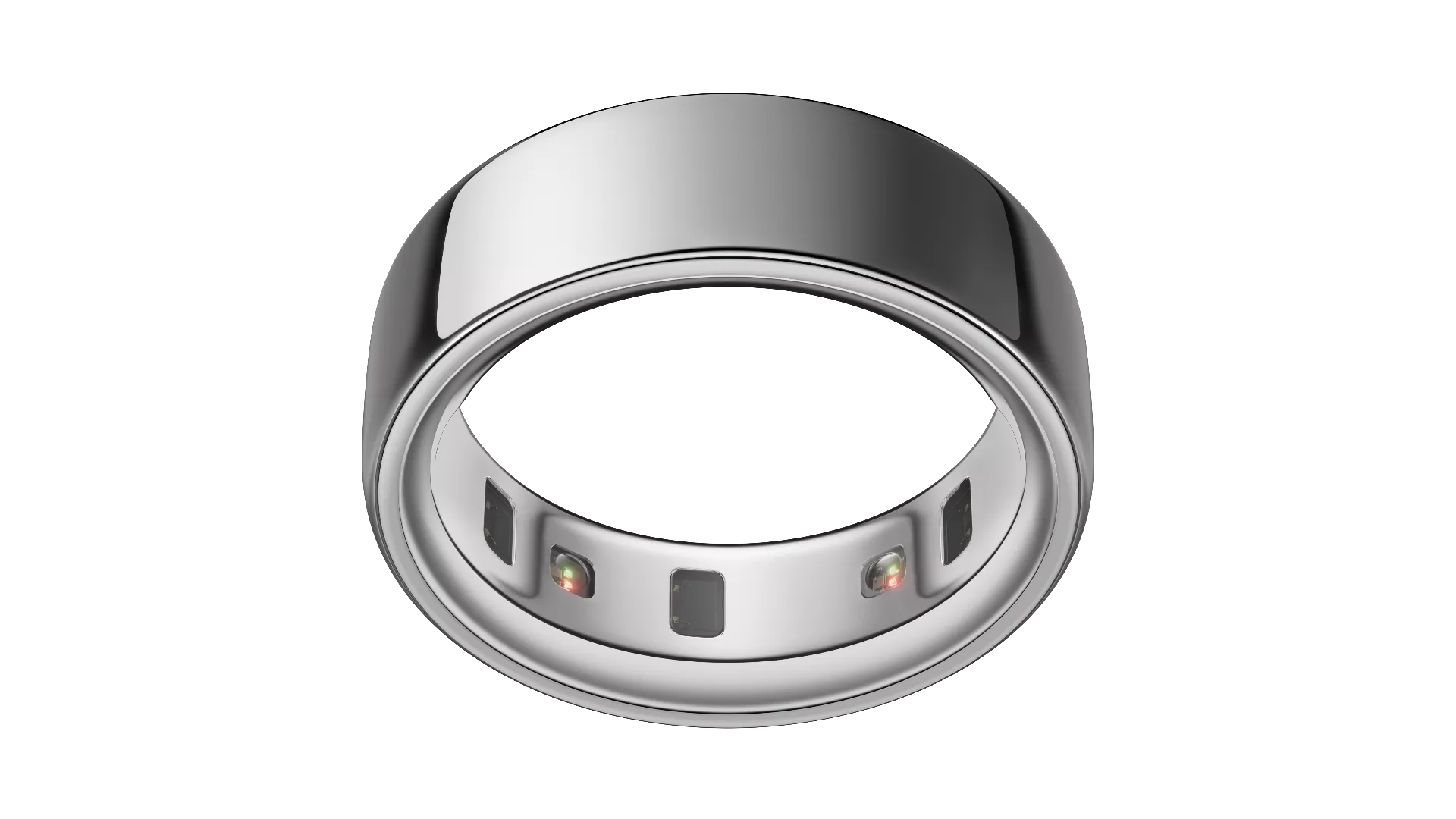 A sleek, modern smart ring with sensors on the inner band, designed for health and fitness tracking.