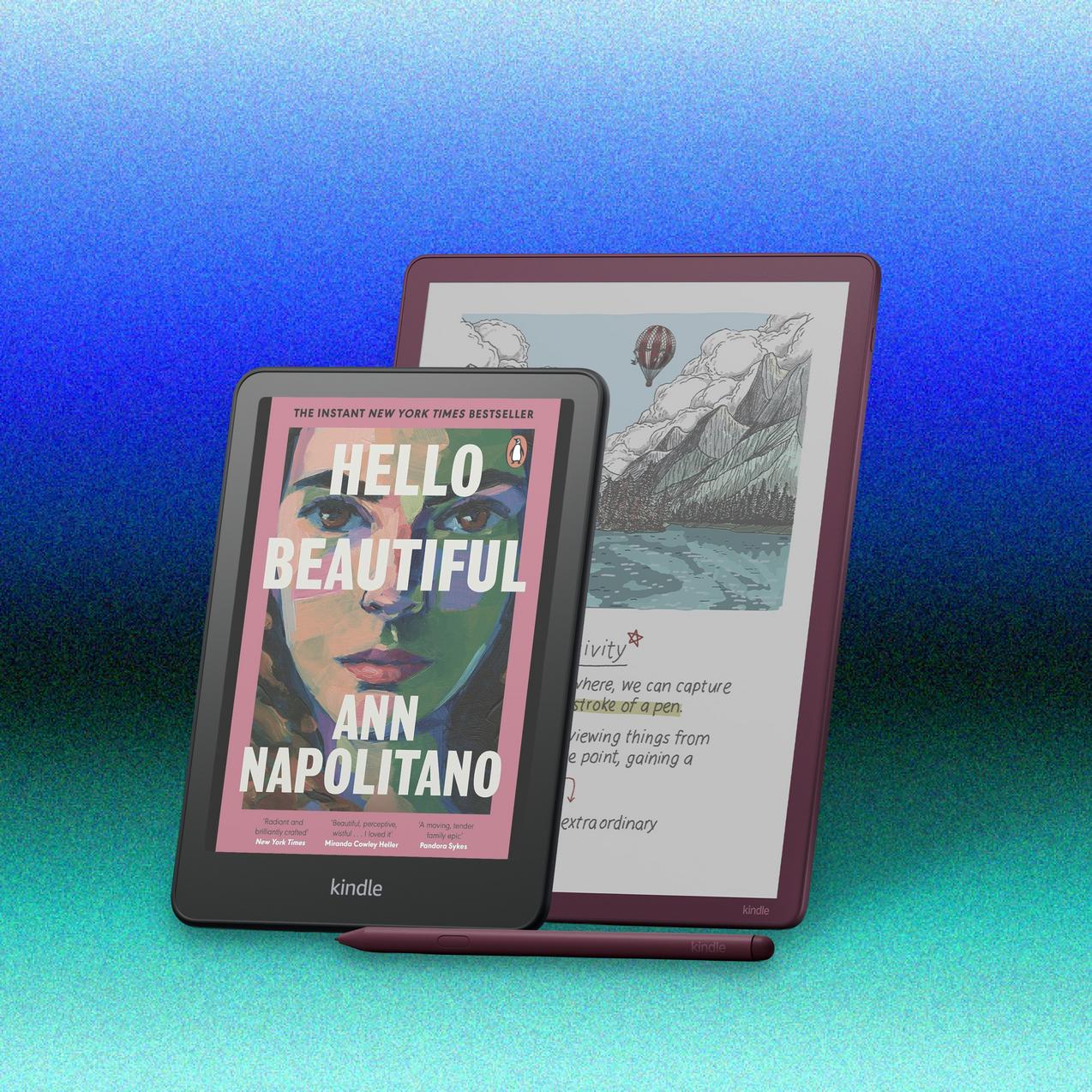 A black Kindle displaying a book cover standing in front of a larger plum-colored Kindle showing an illustrated page, with a stylus pen in front.