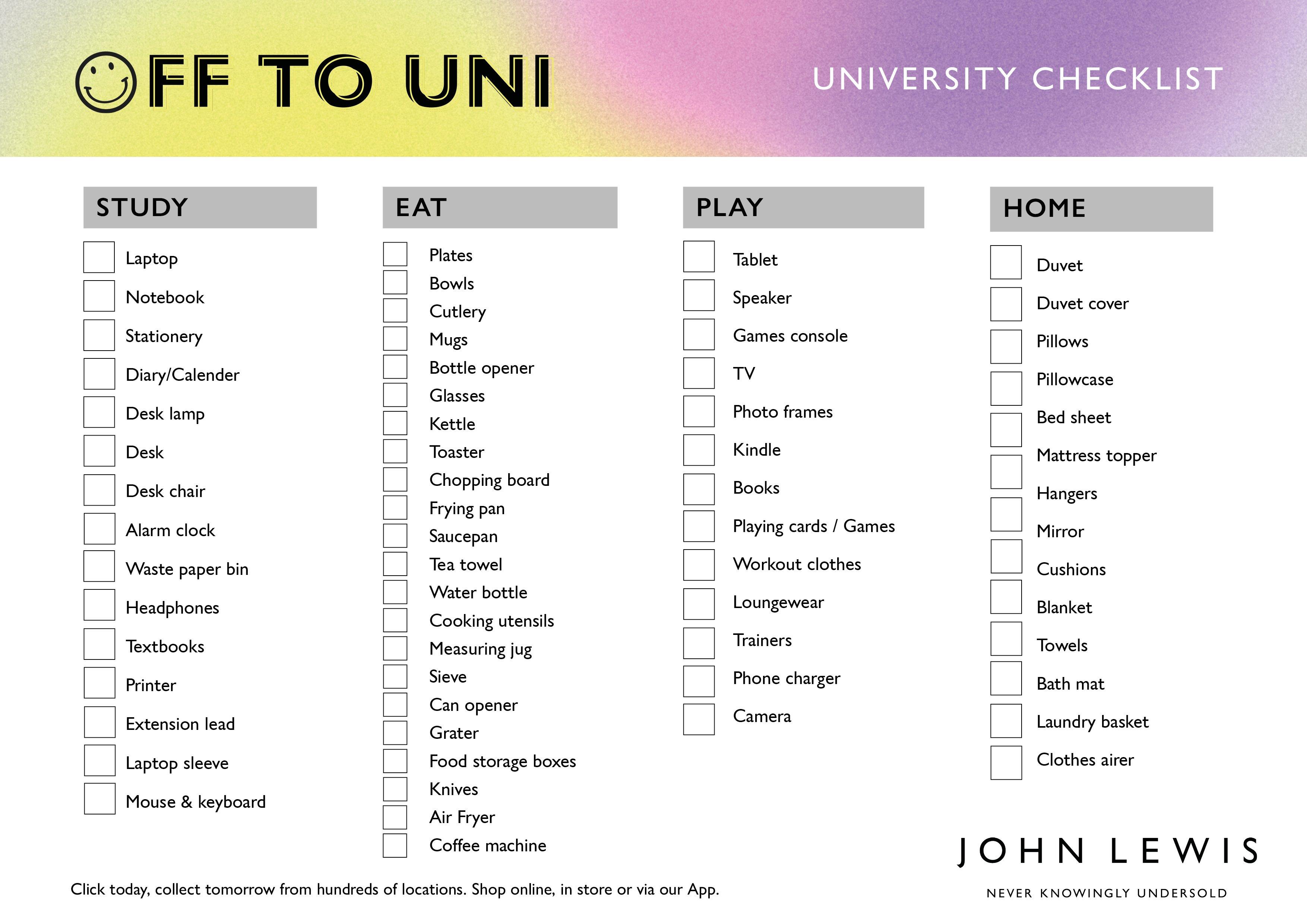 Off to uni checklist