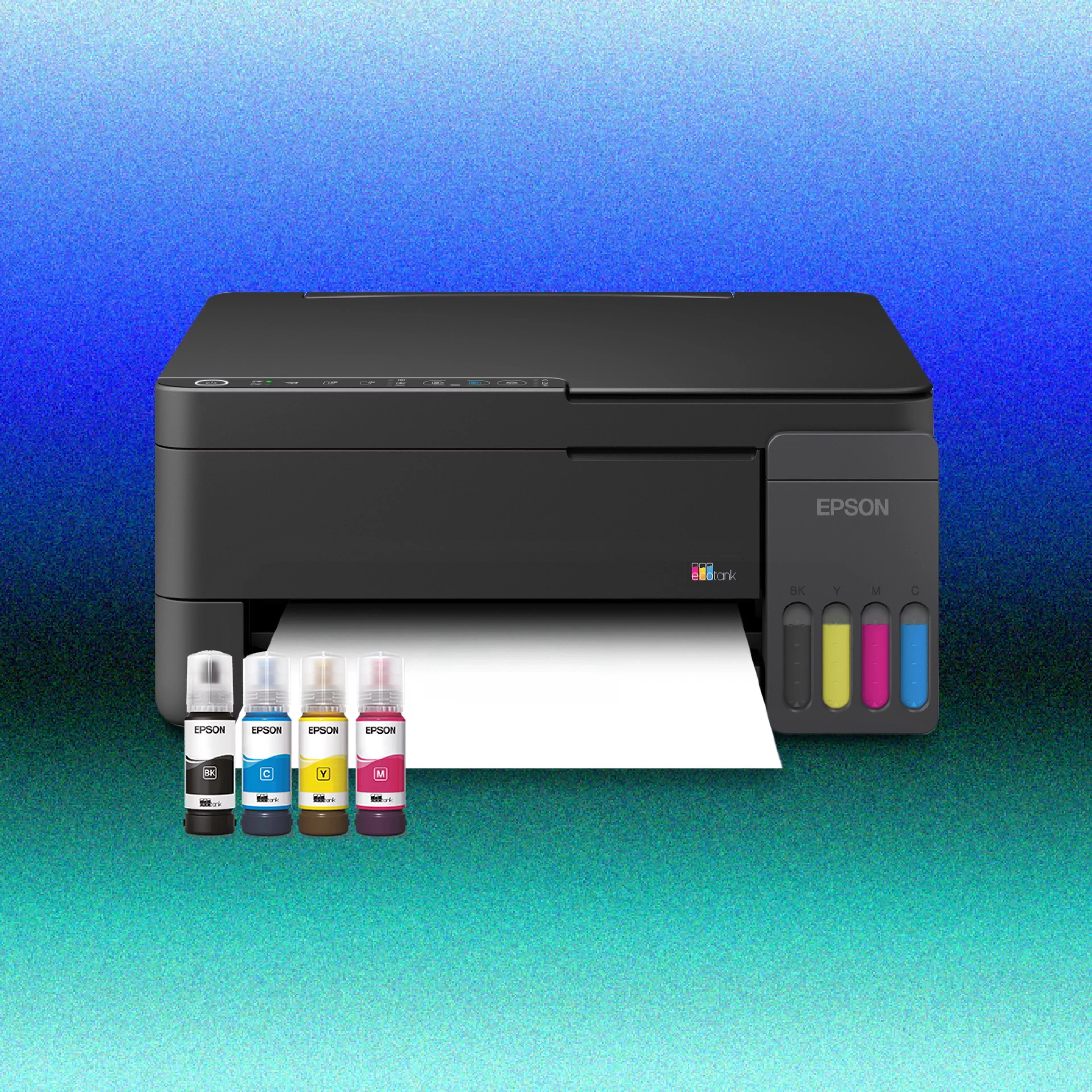 A front view of a black Epson EcoTank printer. A sheet of paper is emerging from the output tray.