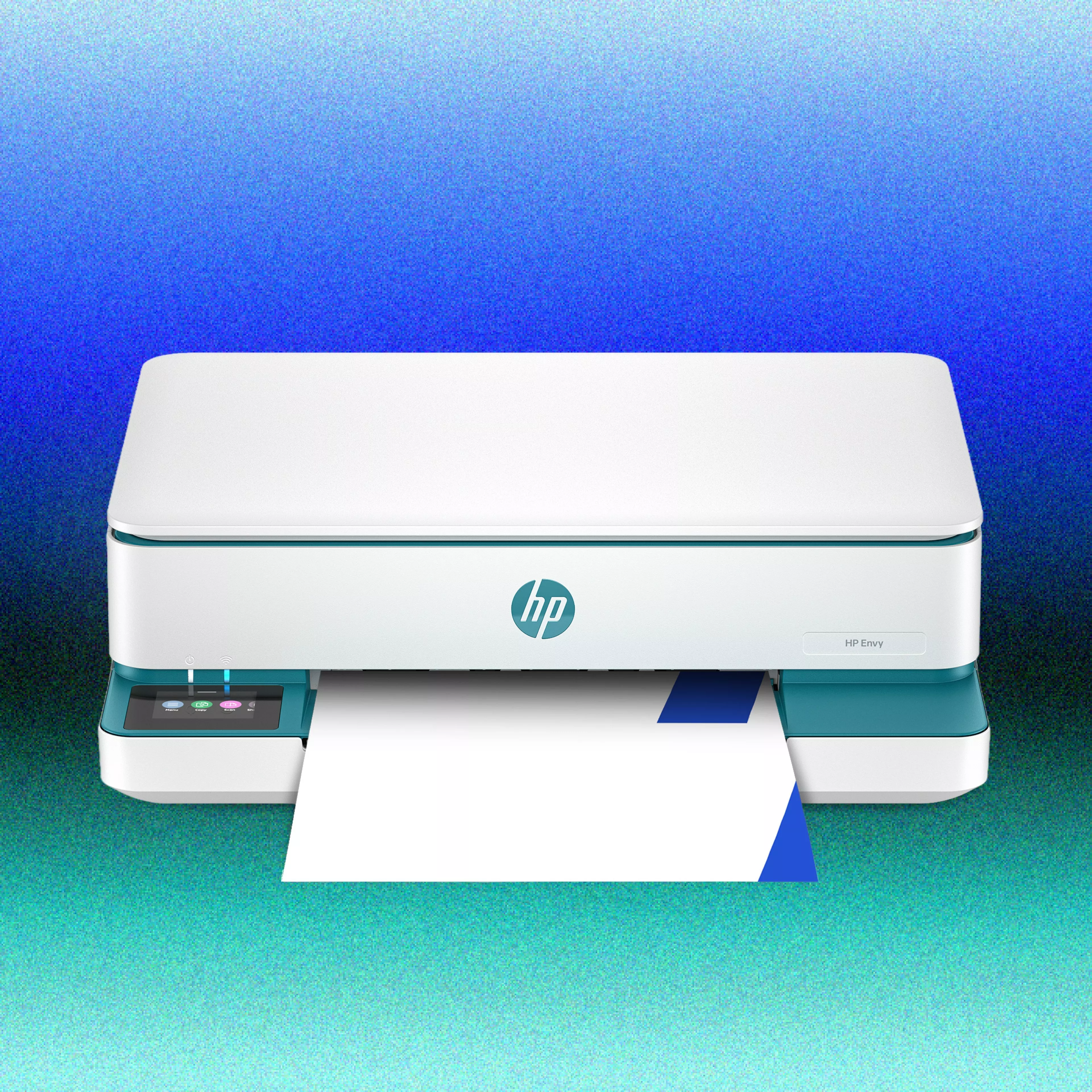 A white and teal HP Envy printer with a printed page extending from the output tray, set against a textured blue gradient background.