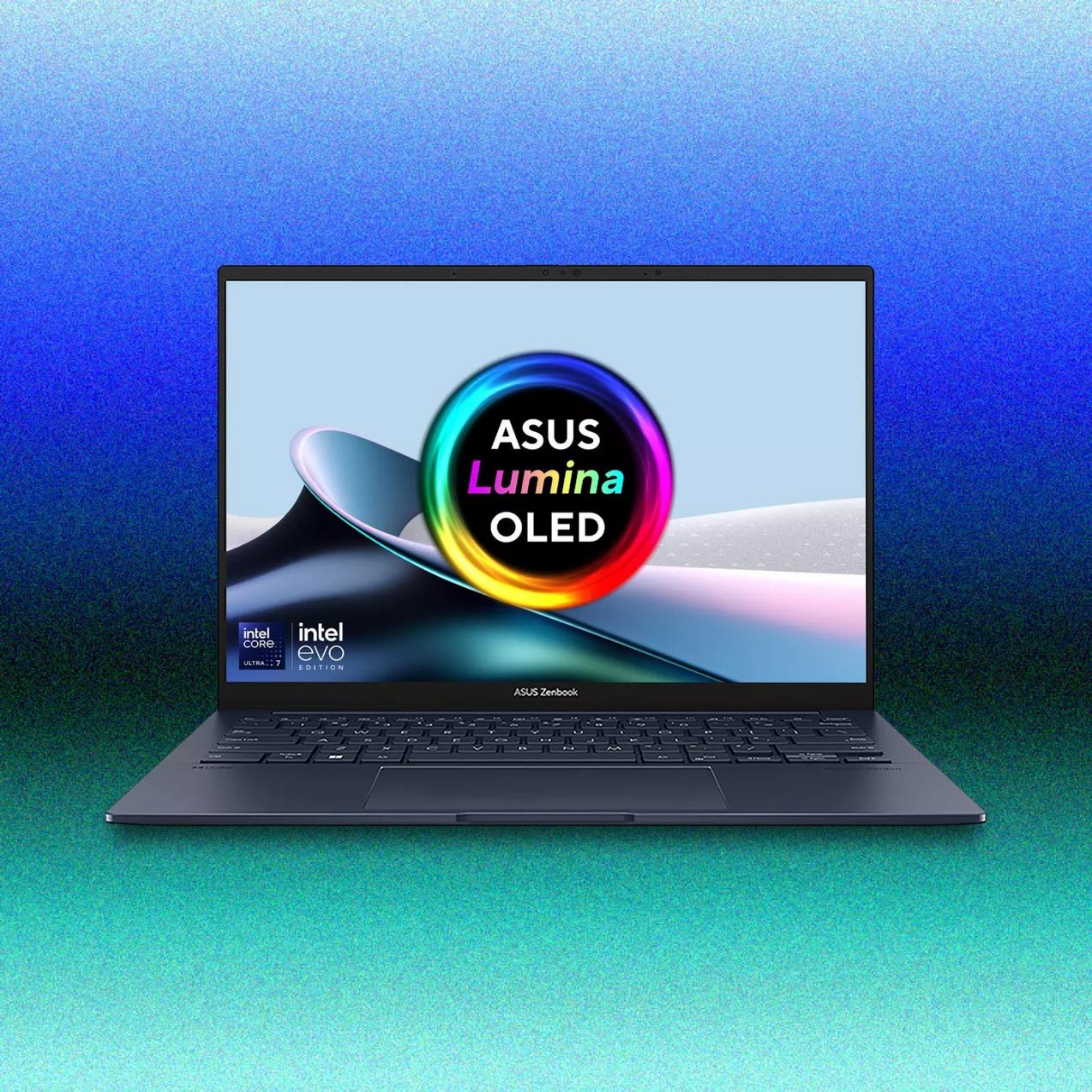 Open dark blue ASUS Zenbook laptop featuring the "ASUS Lumina OLED" logo on screen, against a blue-to-teal gradient background.