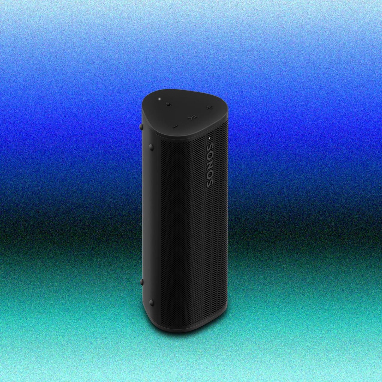 Black Sonos Roam portable smart speaker standing vertically against a blue gradient background.