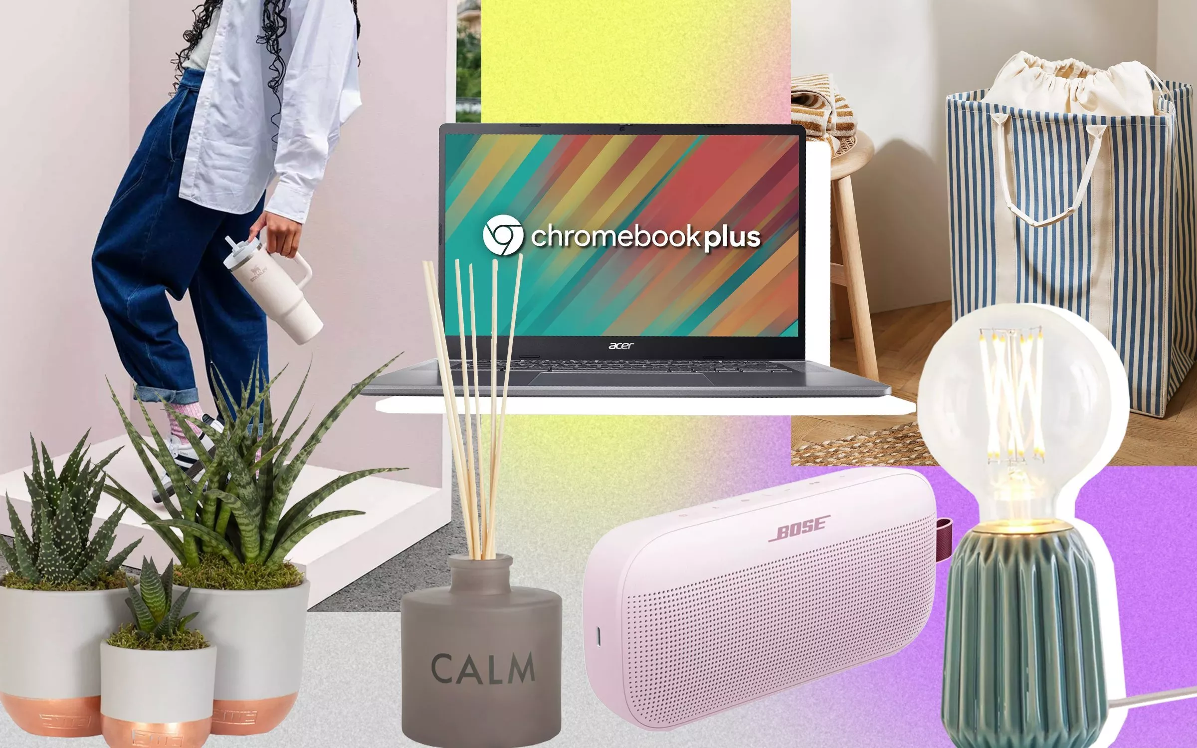 Chromebook Plus laptop with home decor items, potted plants, Bose speaker and striped laundry bag collage