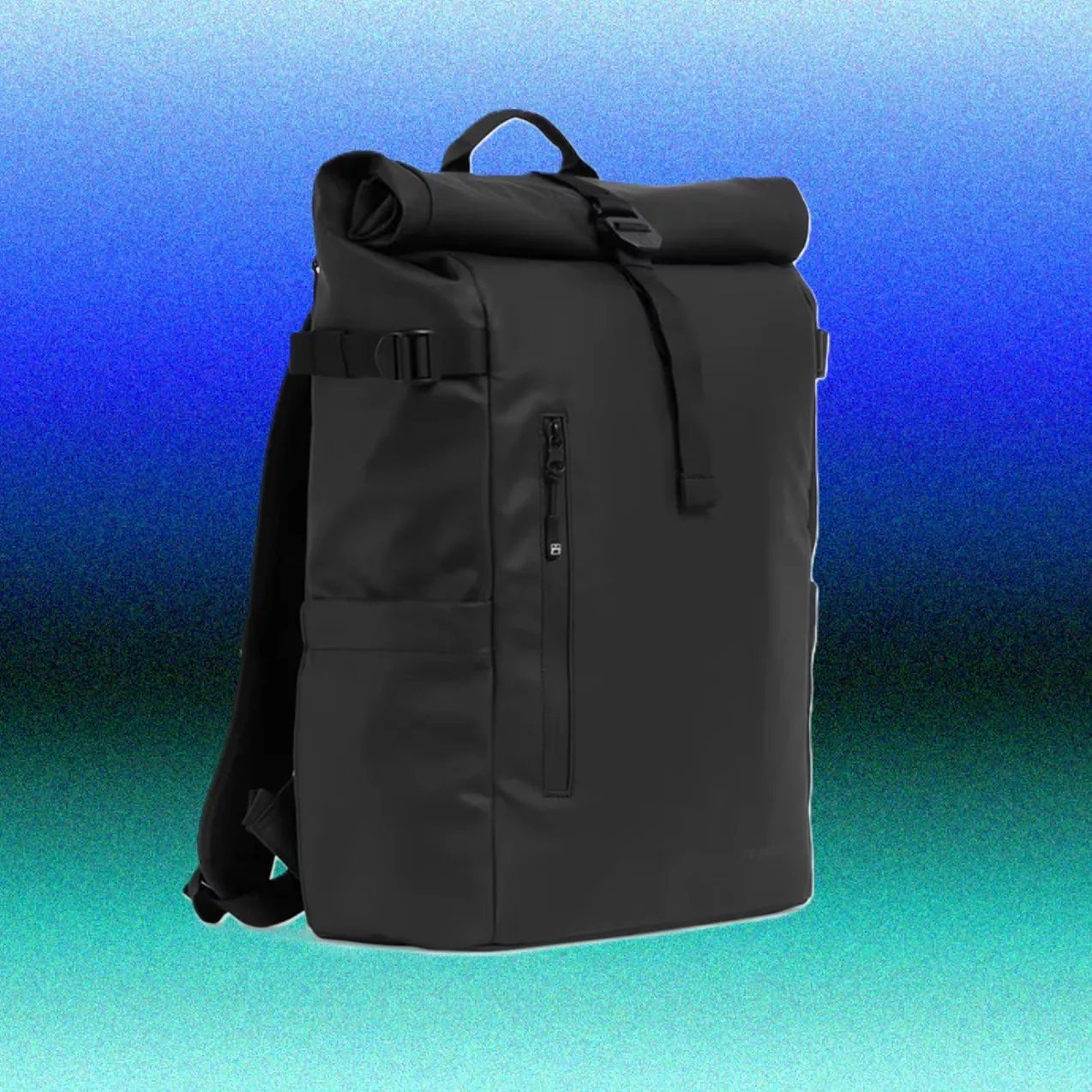 Black waterproof roll-top backpack with side zip pocket and straps, shown on blue gradient background