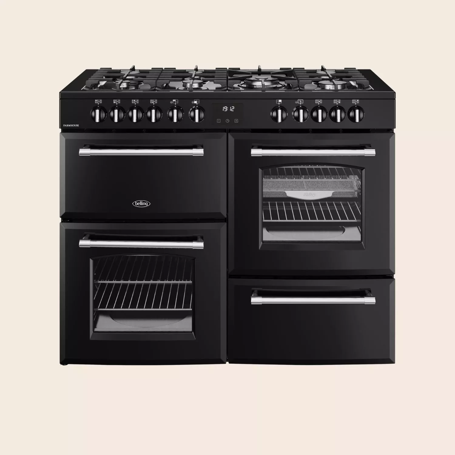 Black range cooker with five-burner gas hob, twin ovens and chrome handles, front view on neutral background