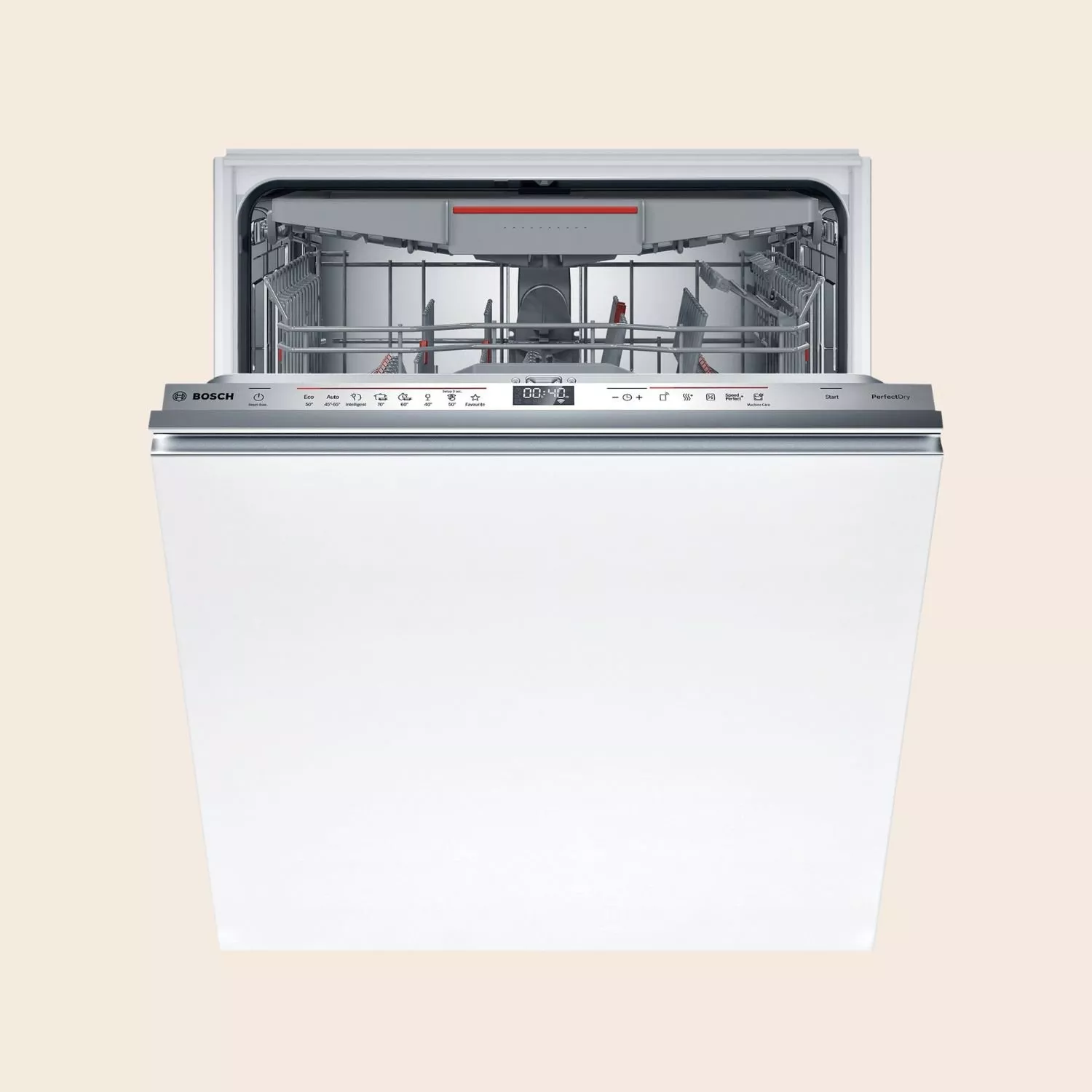 Bosch fully integrated dishwasher with open door, stainless control panel, and adjustable racks inside view