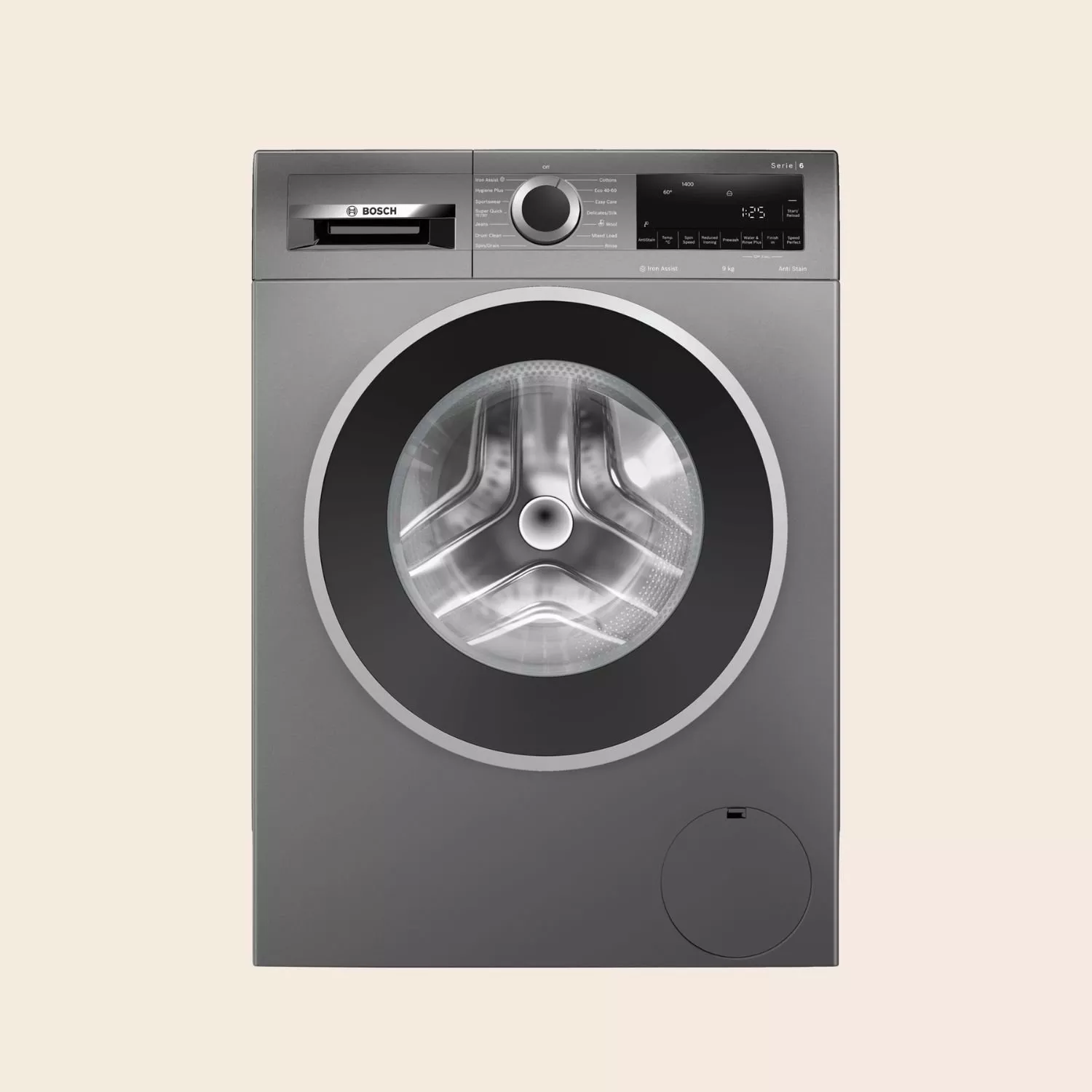 Bosch Serie 6 grey front-loading washing machine with digital display, control dial and large drum door.
