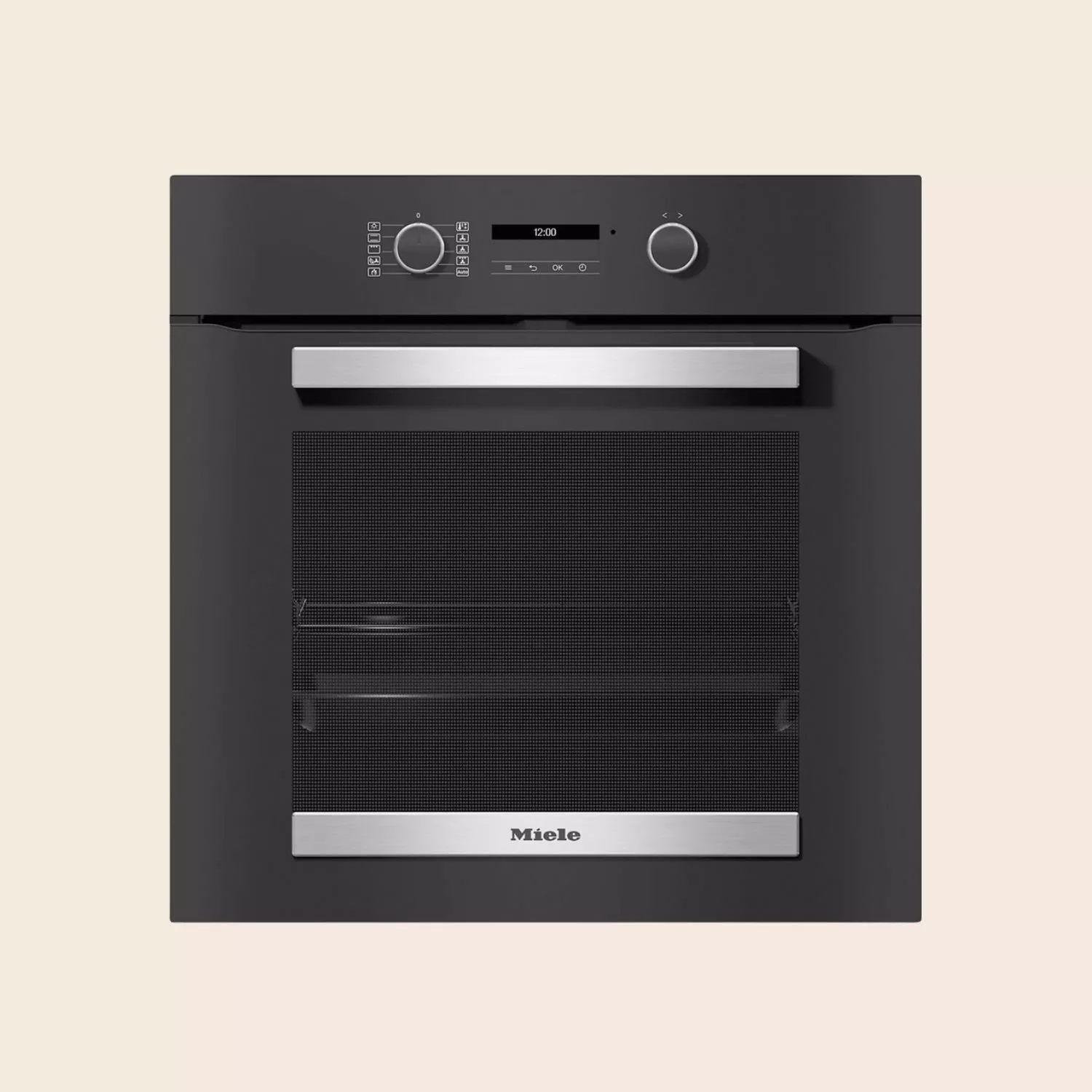 Miele built-in black oven with stainless steel handle, digital display and control knobs, front view kitchen appliance