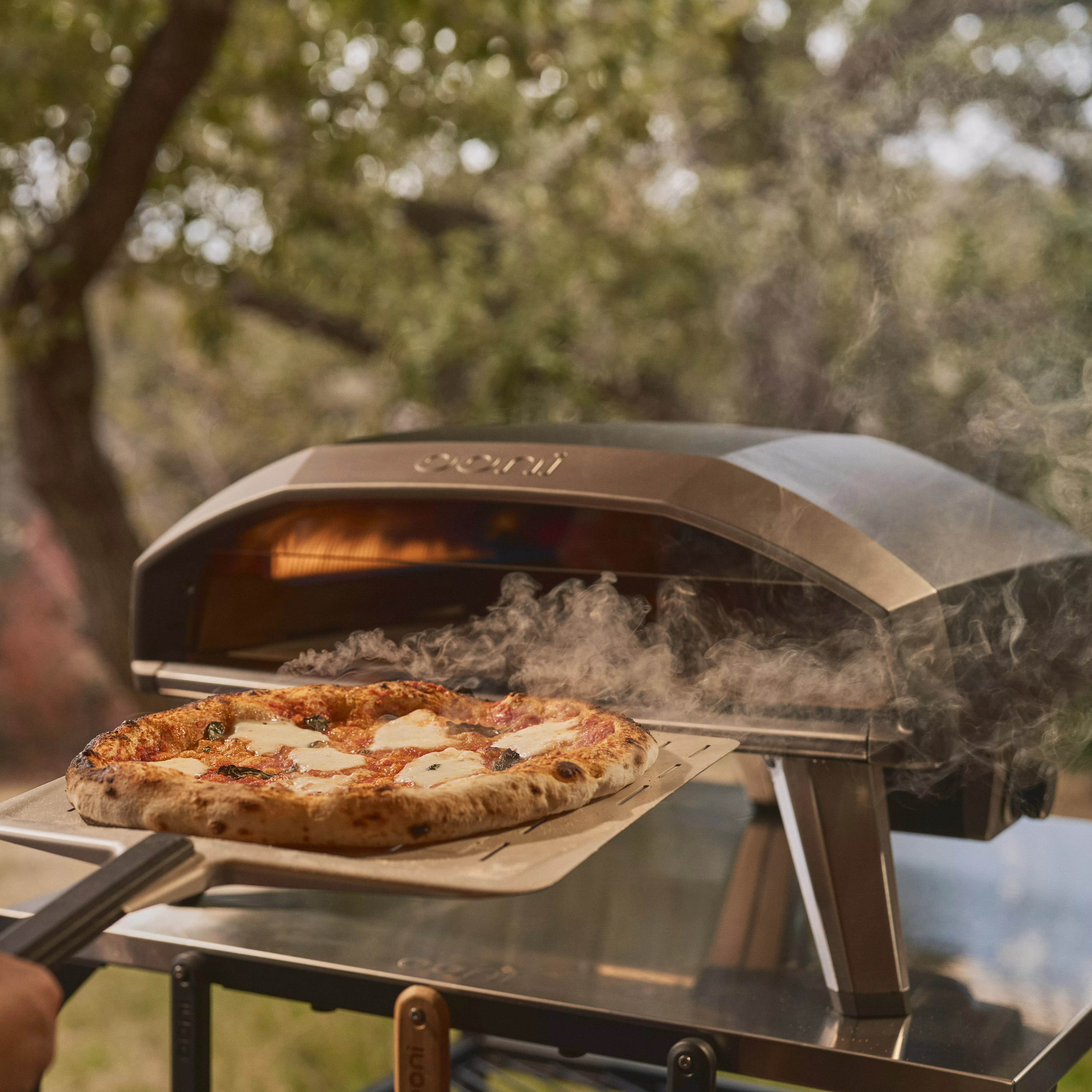 Outdoor pizza oven cooking a wood-fired Margherita pizza on a peel, with smoke rising in a garden setting