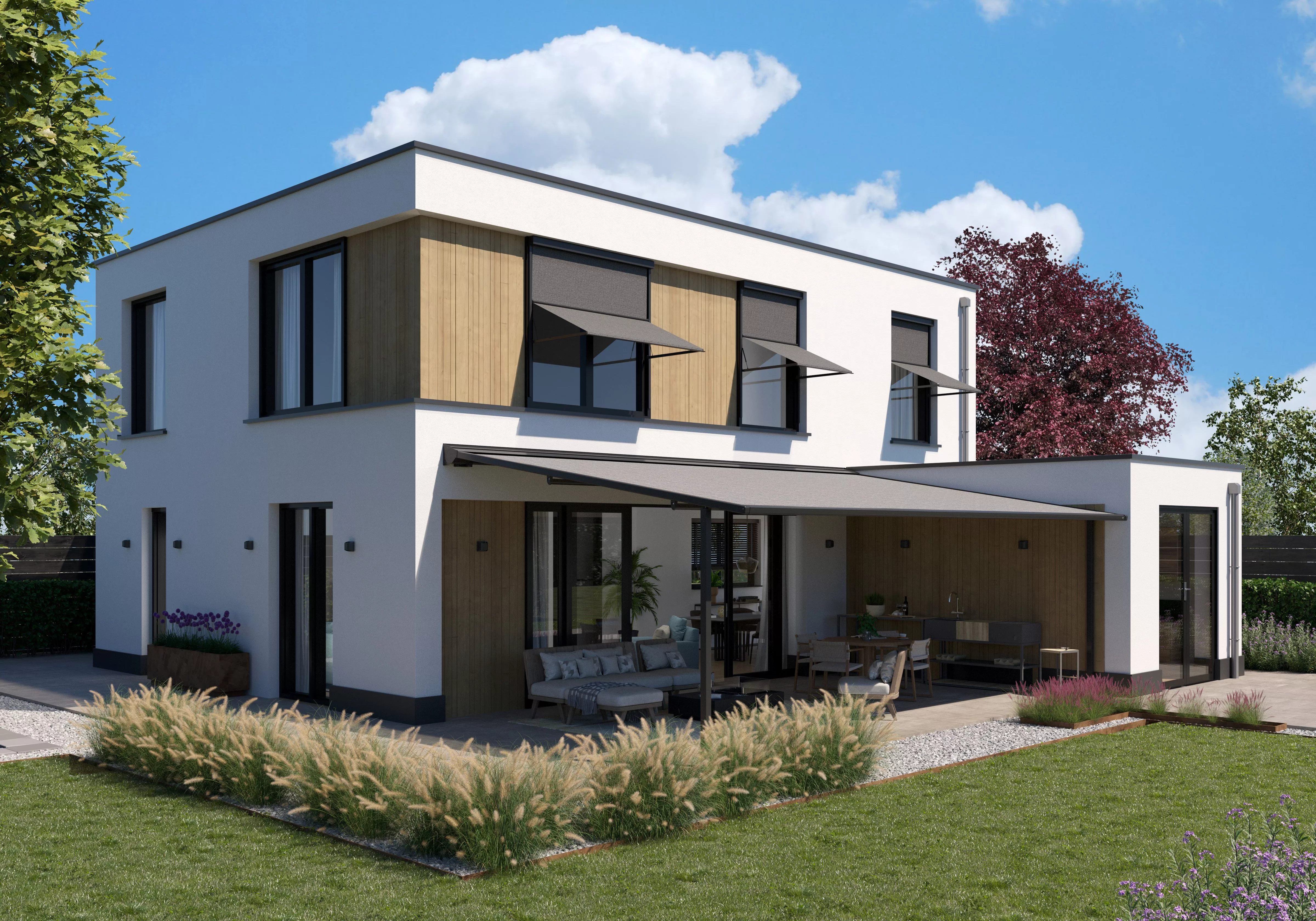 Modern two-storey house with white render and timber cladding, patio awning, garden landscaping and blue sky