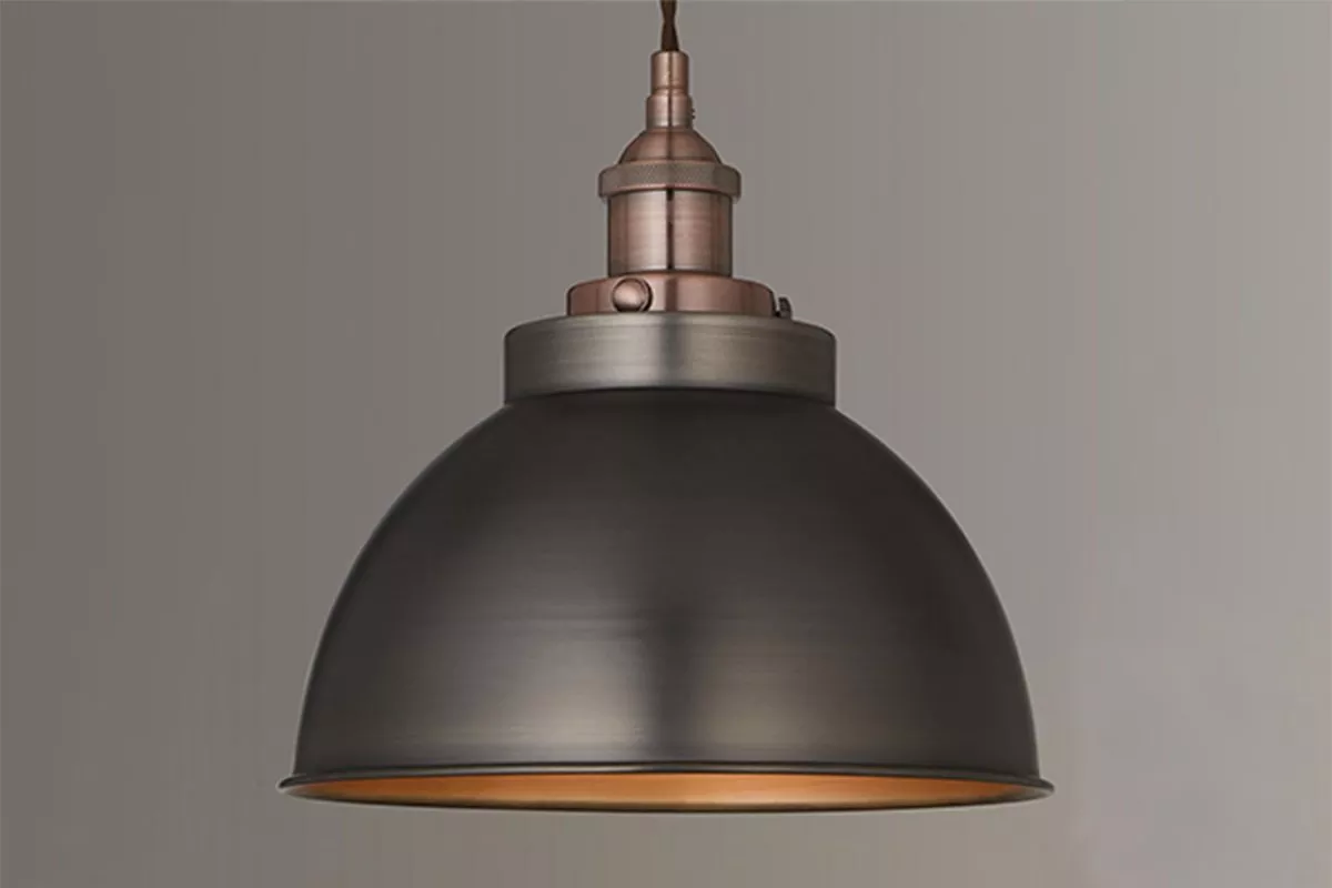 Industrial pendant ceiling light with black metal dome shade and copper fitting, modern kitchen lighting fixture
