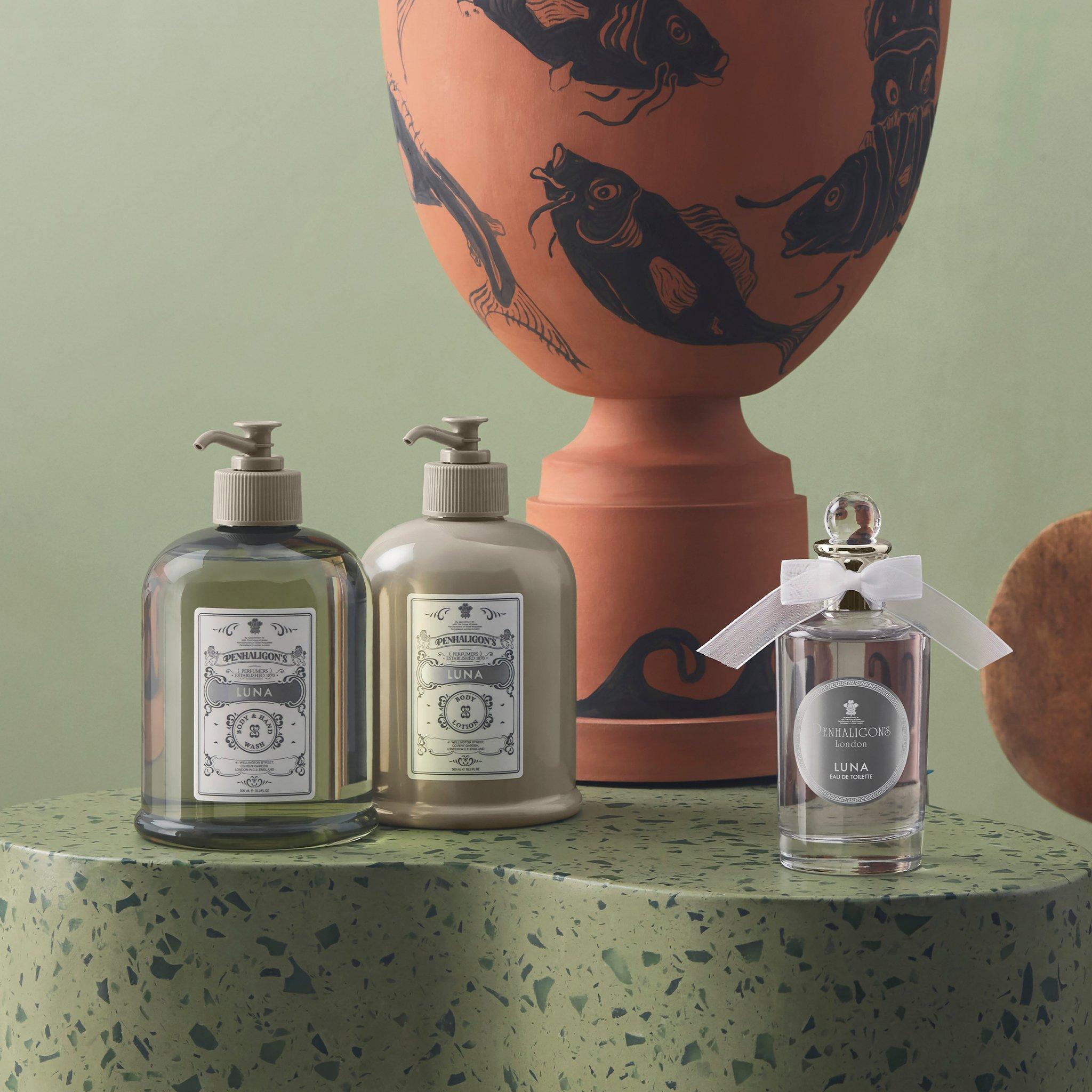 product shot of Penhaligon bath products on a marble top